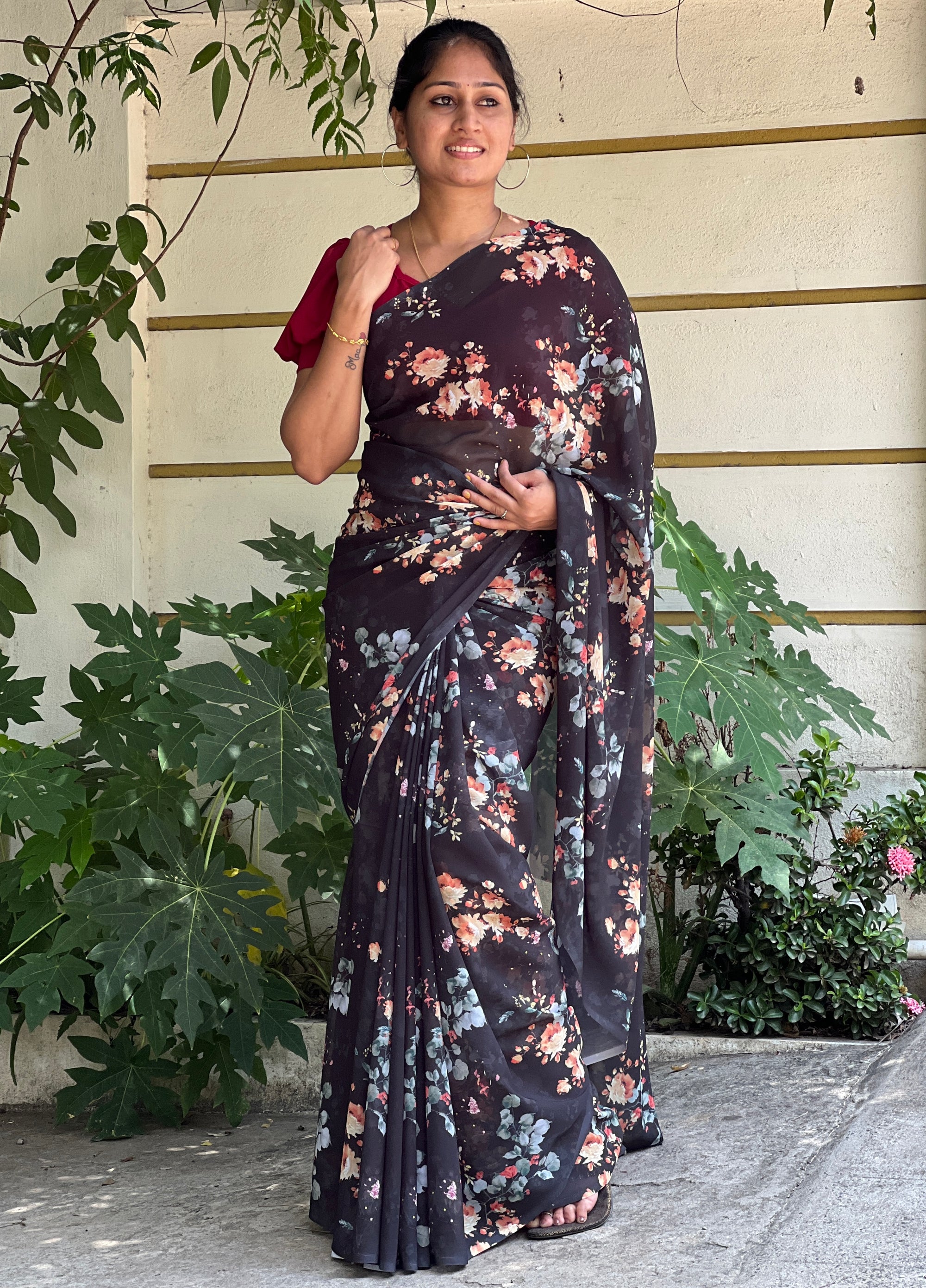 Digital floral printed georgette saree