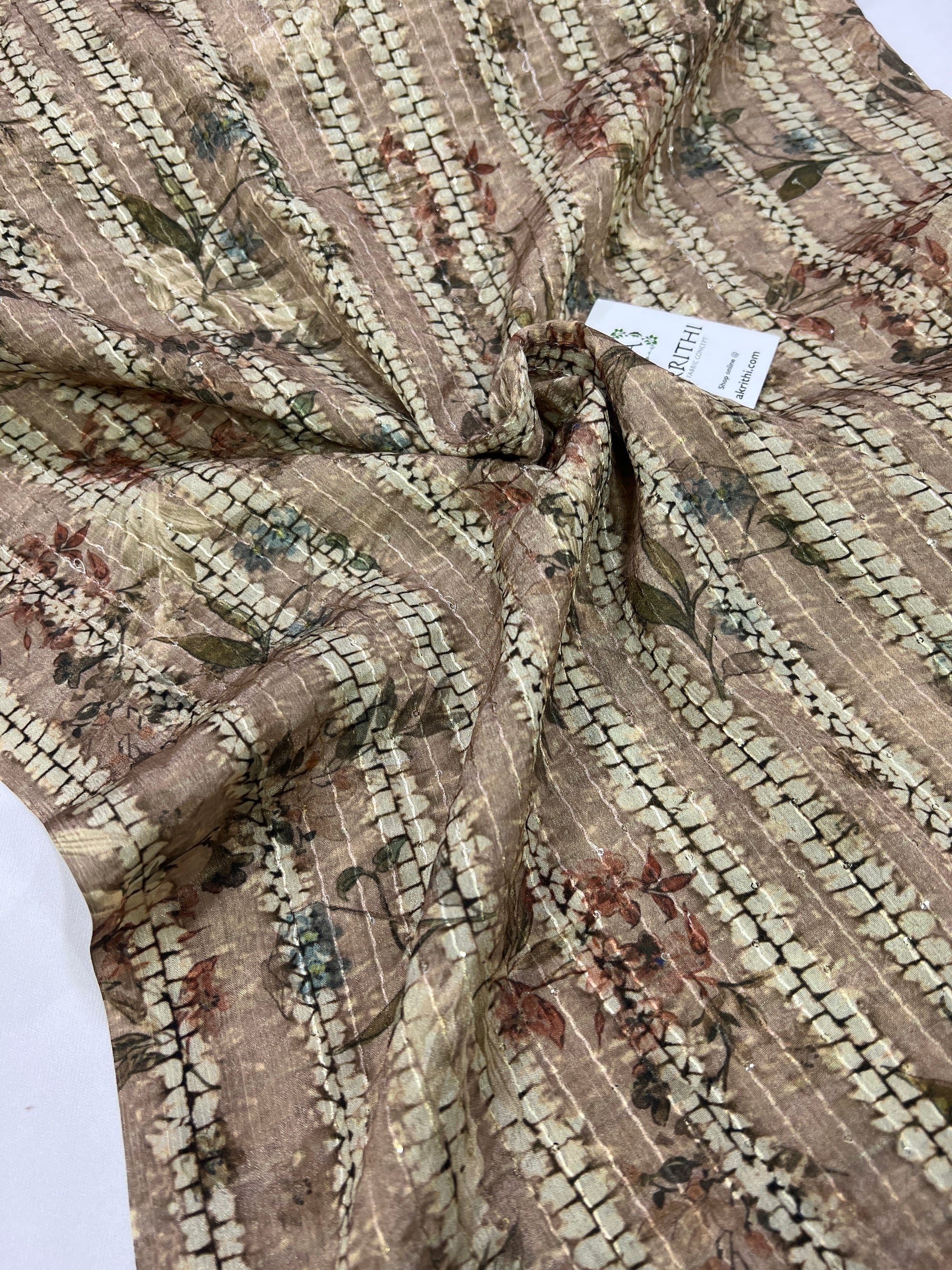 Digital printed chinon fabric with sequins work