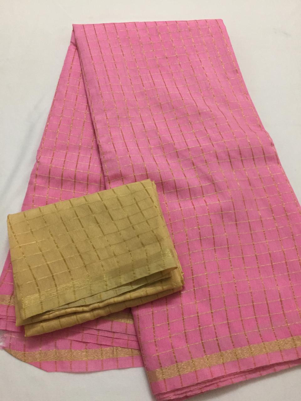 Silk zari checks saree with contrast blouse
