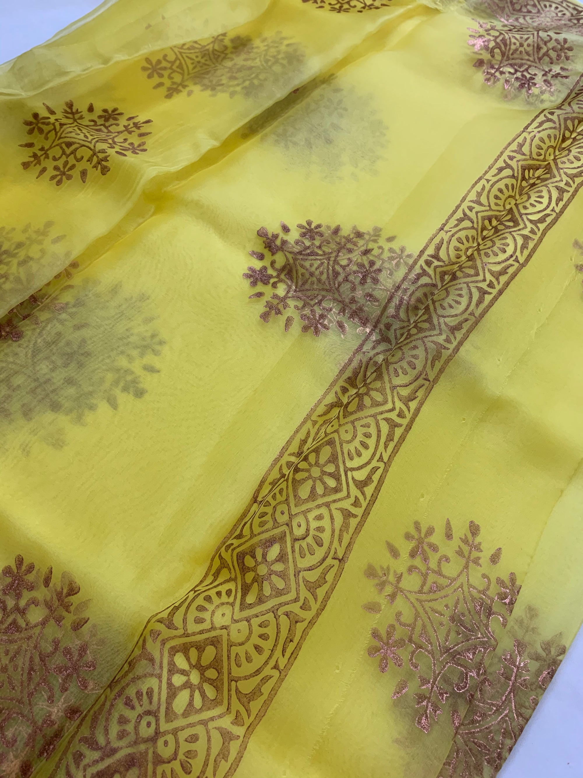 BLOCK PRINTED PURE SILK ORGANZA SAREE
