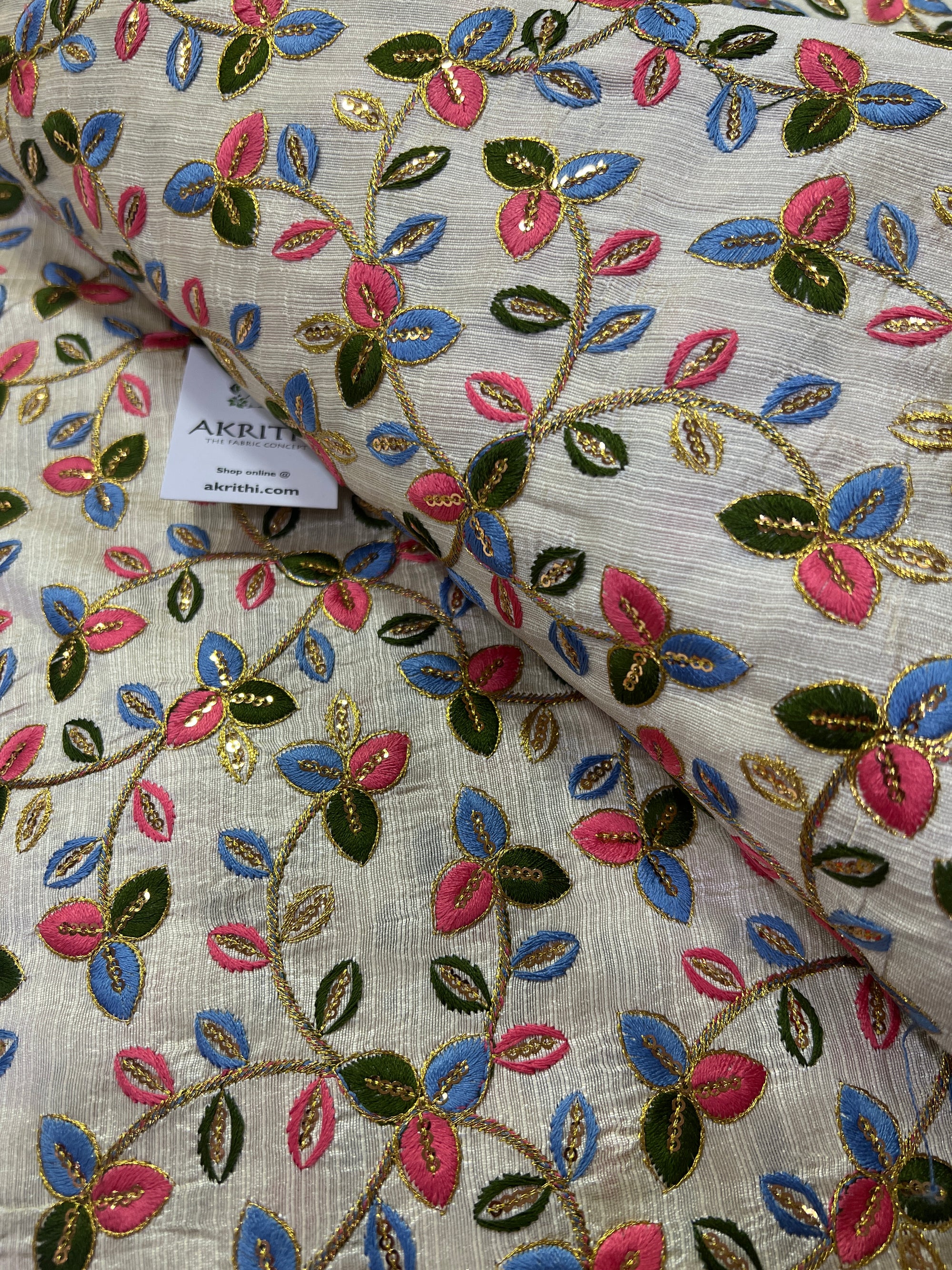 Embroidery on raw silk fabric 60 cms cut