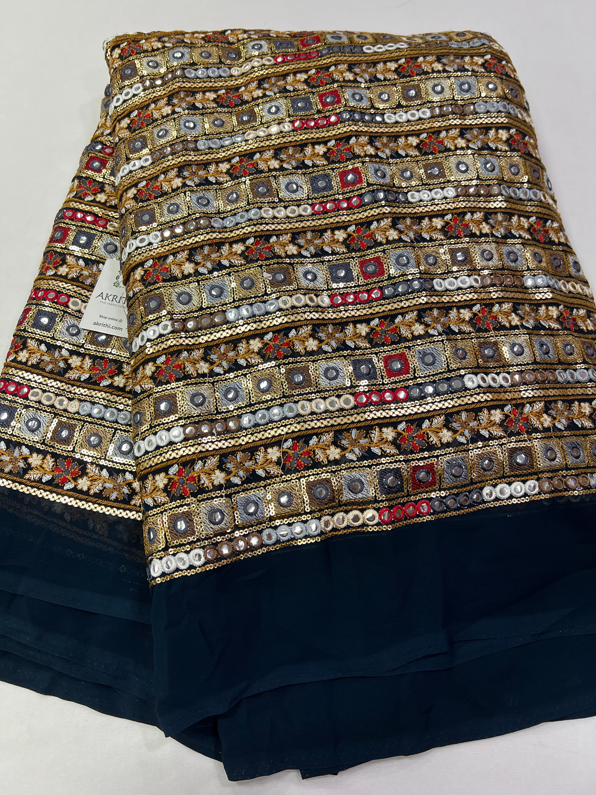 Mirror Embroidery on navy blue Georgette fabric