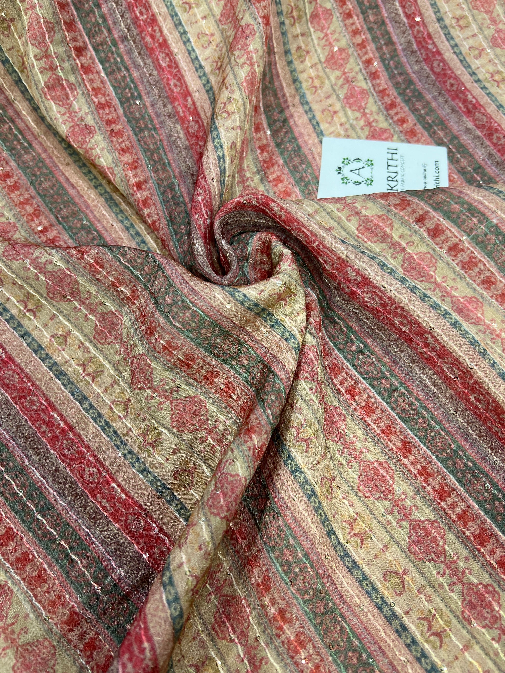 Digital printed chinon fabric with sequins work