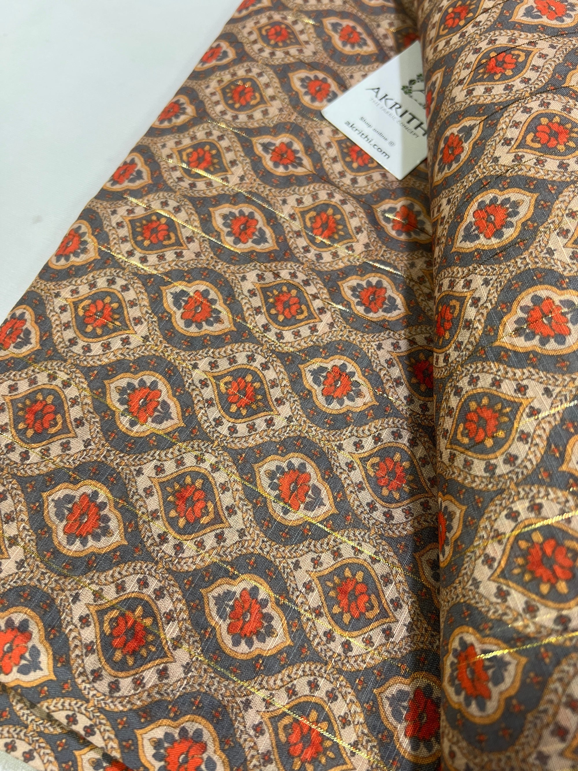 Digital printed munga cotton fabric with Zari lines