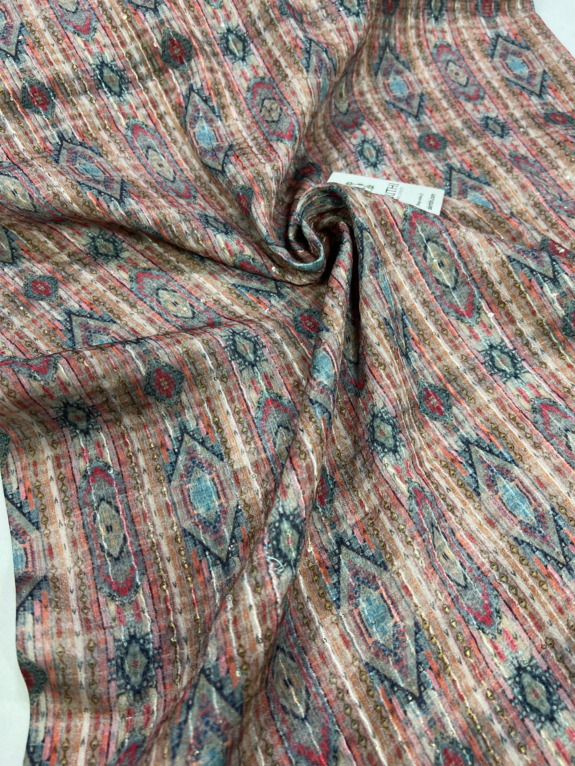 Digital printed chinon fabric with sequins work