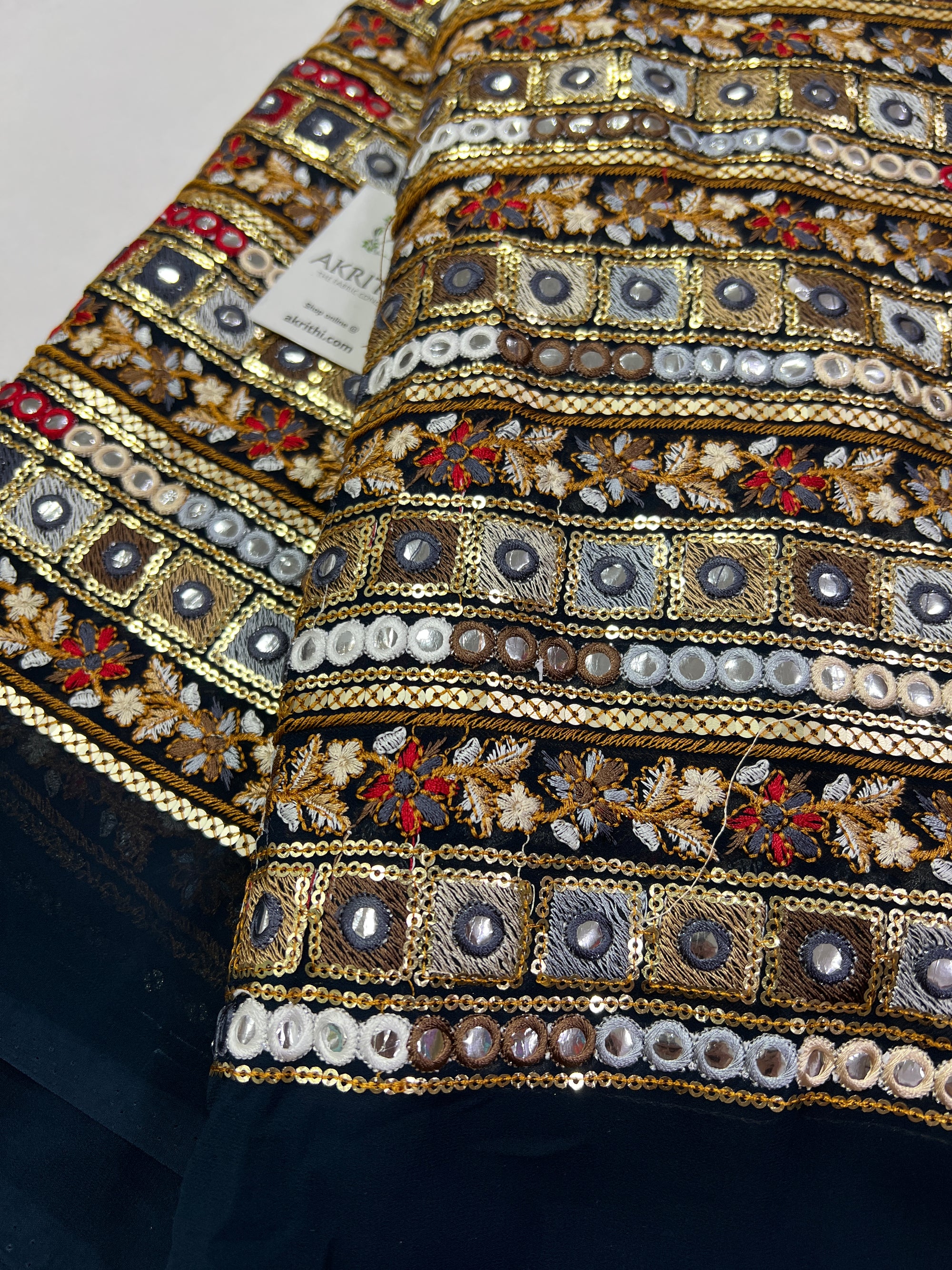 Mirror Embroidery on navy blue Georgette fabric