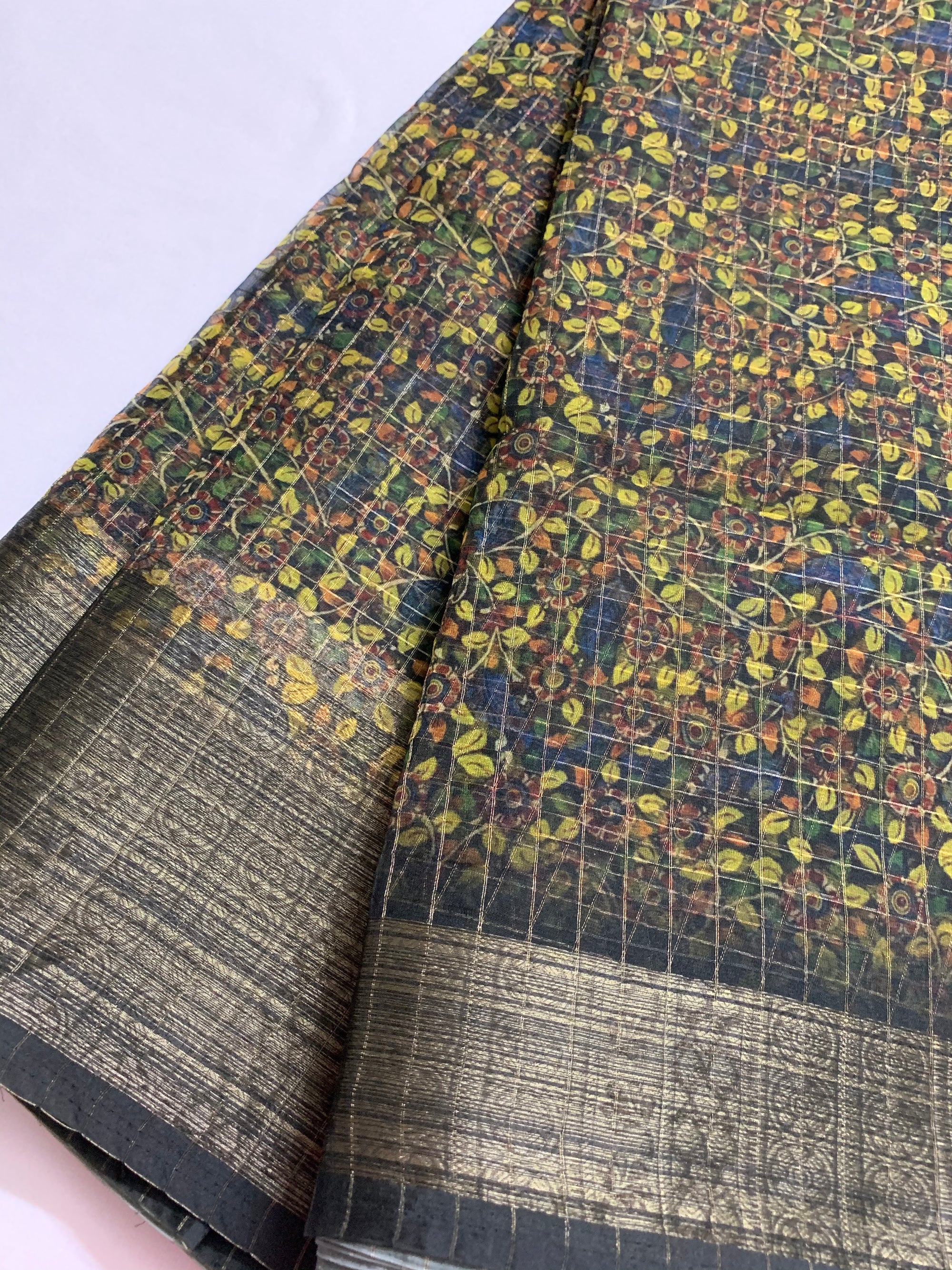 Printed organza with border and zari checks