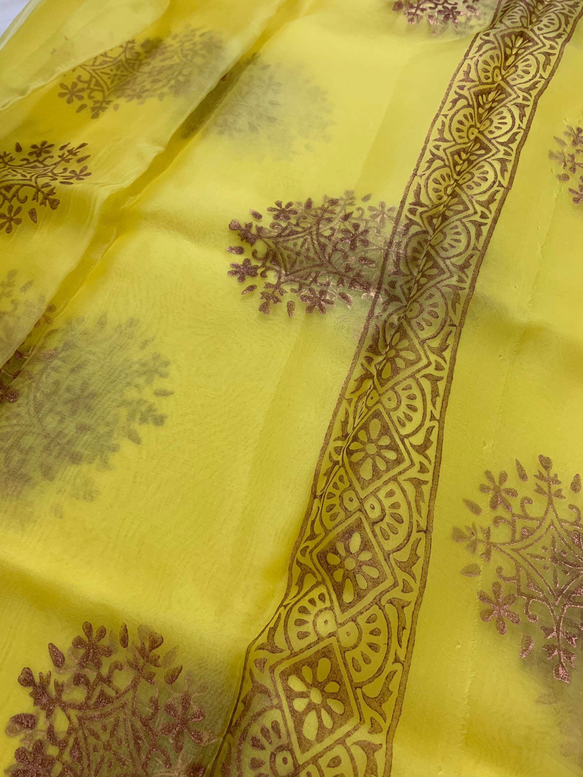 BLOCK PRINTED PURE SILK ORGANZA SAREE