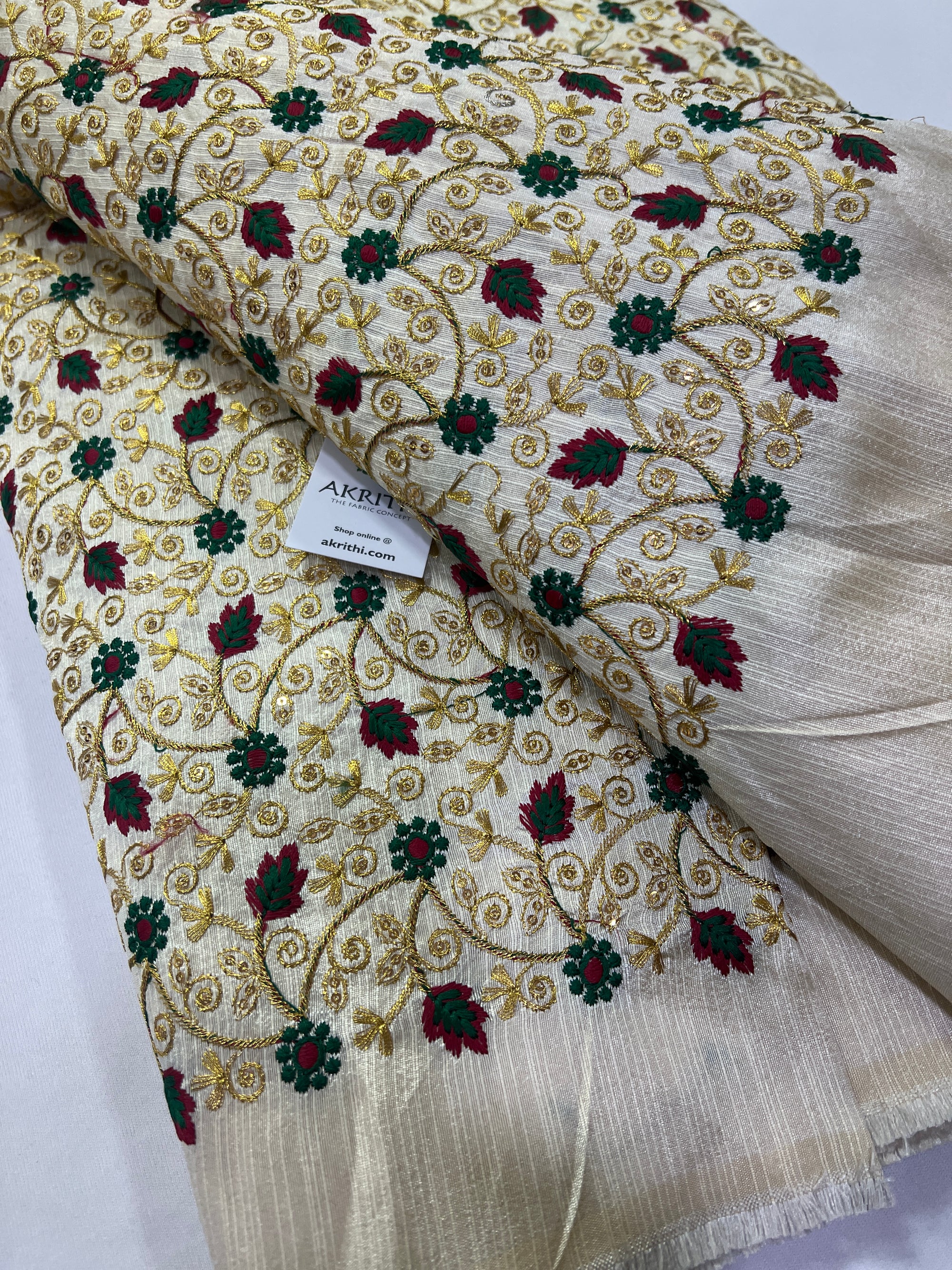 Embroidery on raw silk fabric