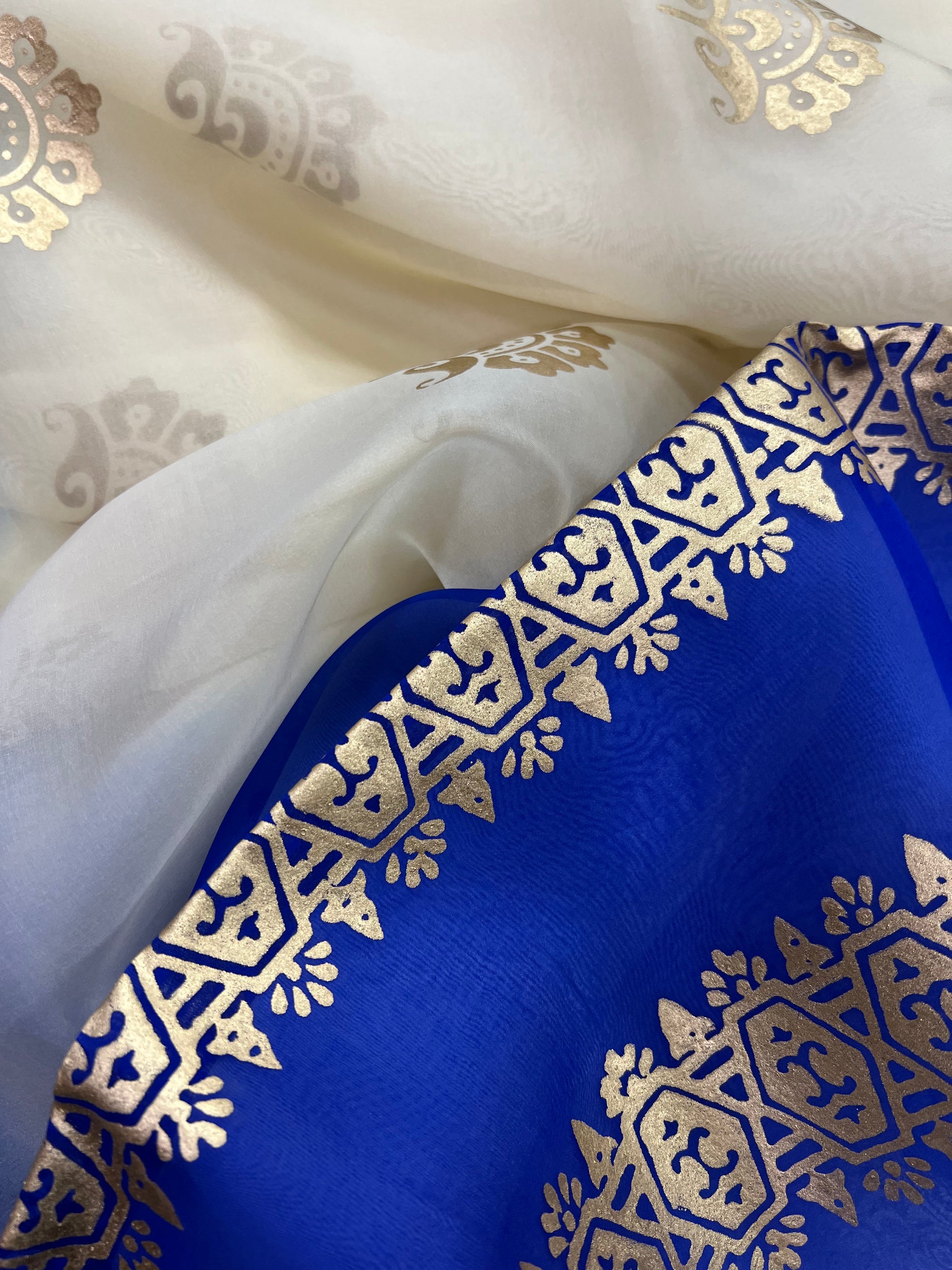 BLOCK PRINTED PURE SILK ORGANZA SAREE