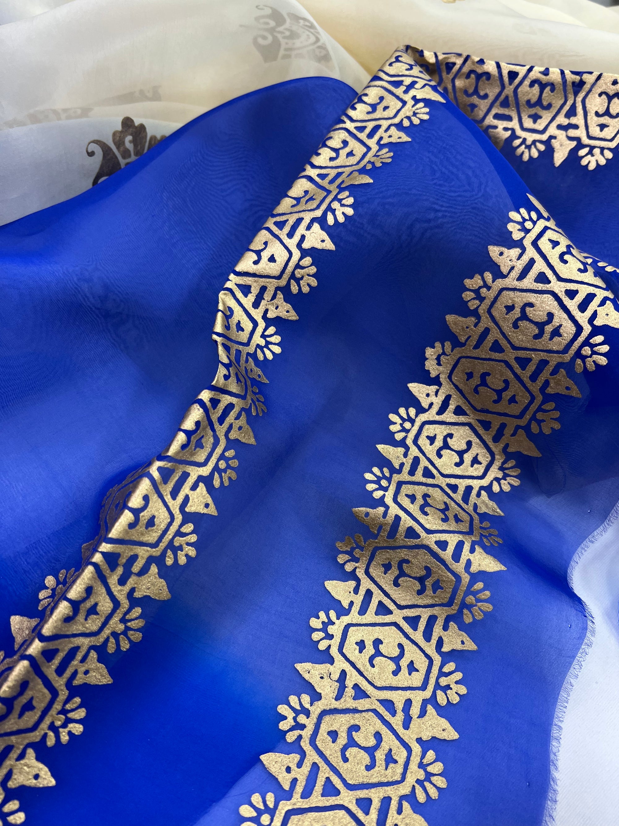 BLOCK PRINTED PURE SILK ORGANZA SAREE