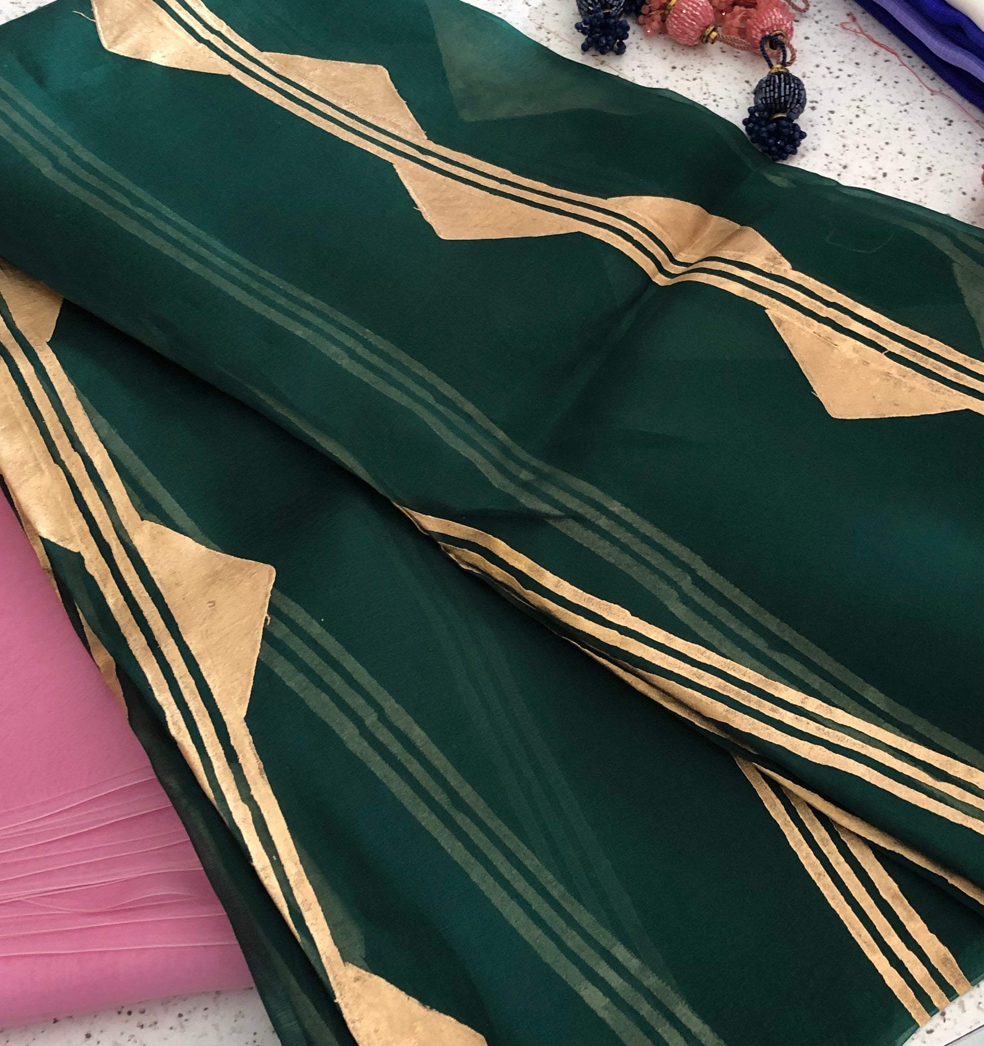 BLOCK PRINTED PURE SILK ORGANZA SAREE