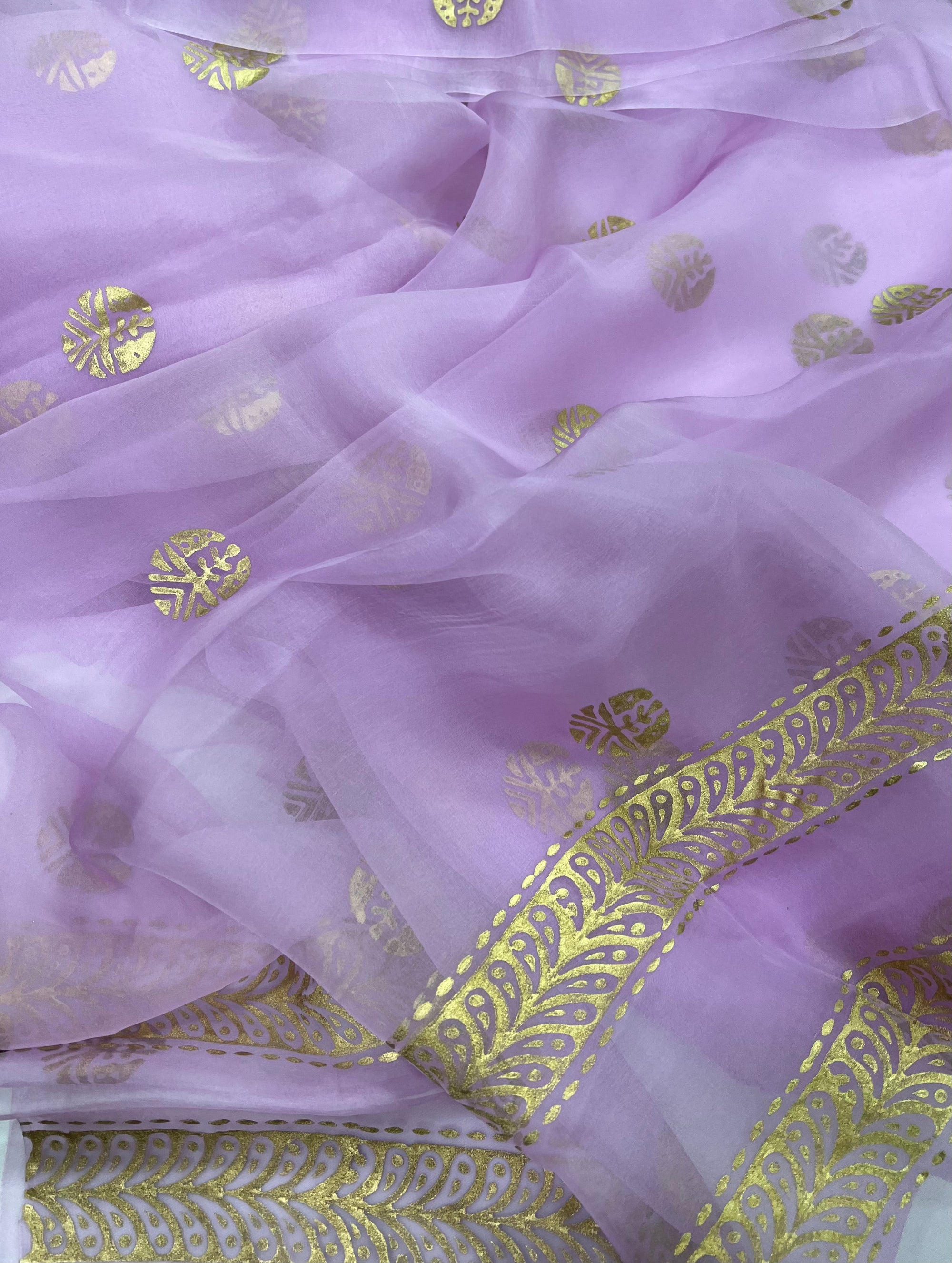 BLOCK PRINTED PURE SILK ORGANZA SAREE