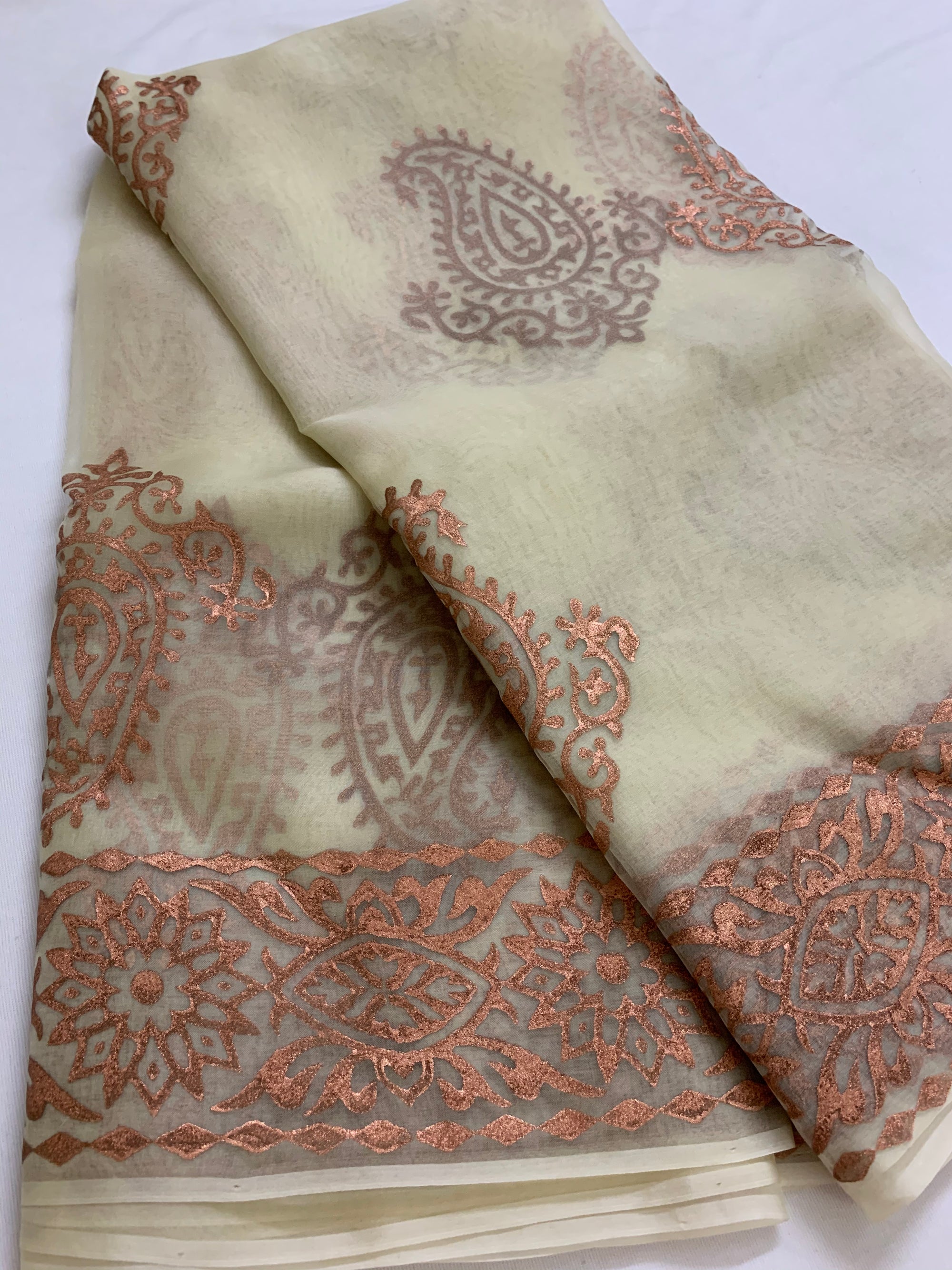 BLOCK PRINTED PURE SILK ORGANZA SAREE