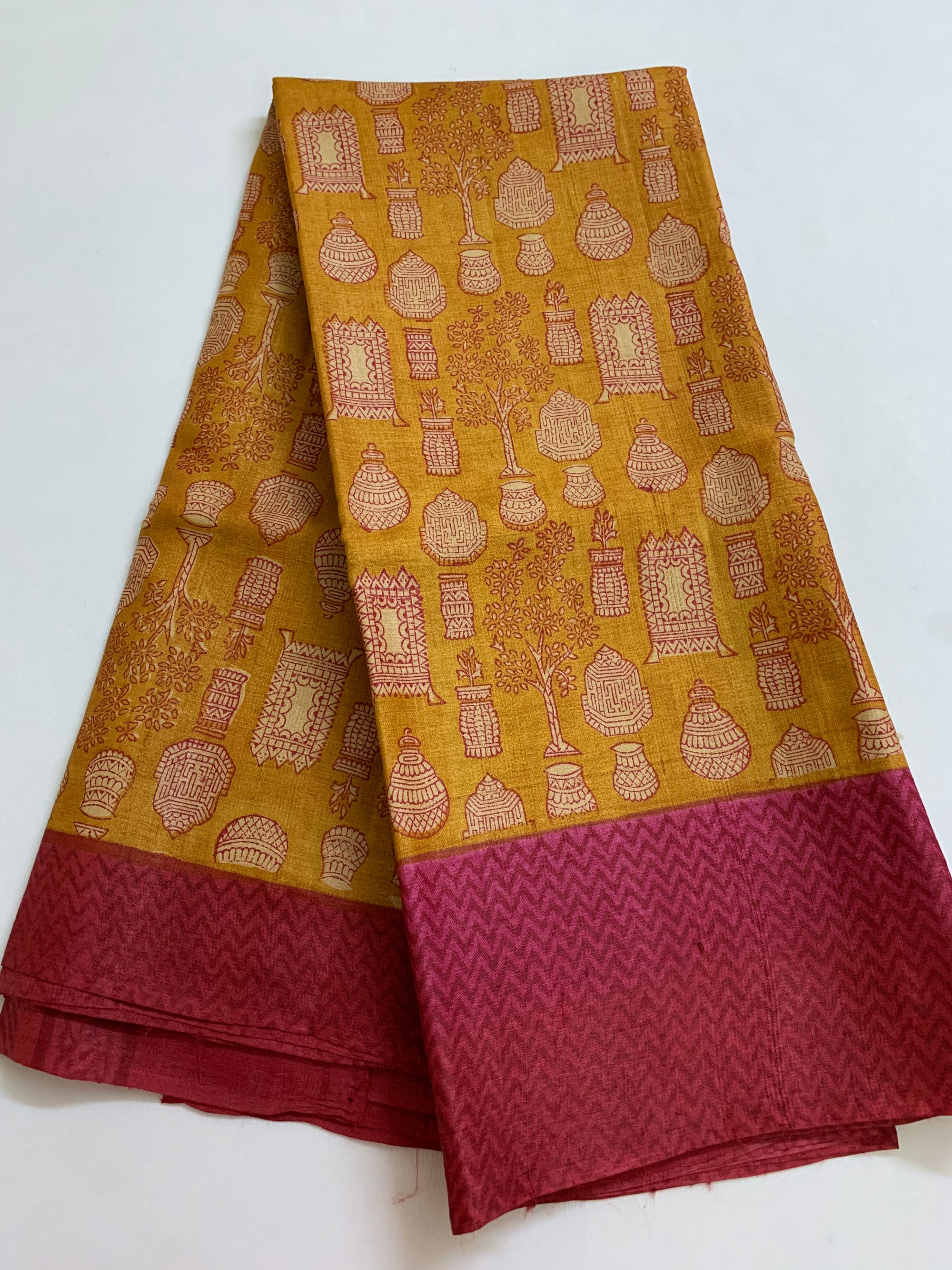 Handloom block printed Pure tussar silk saree