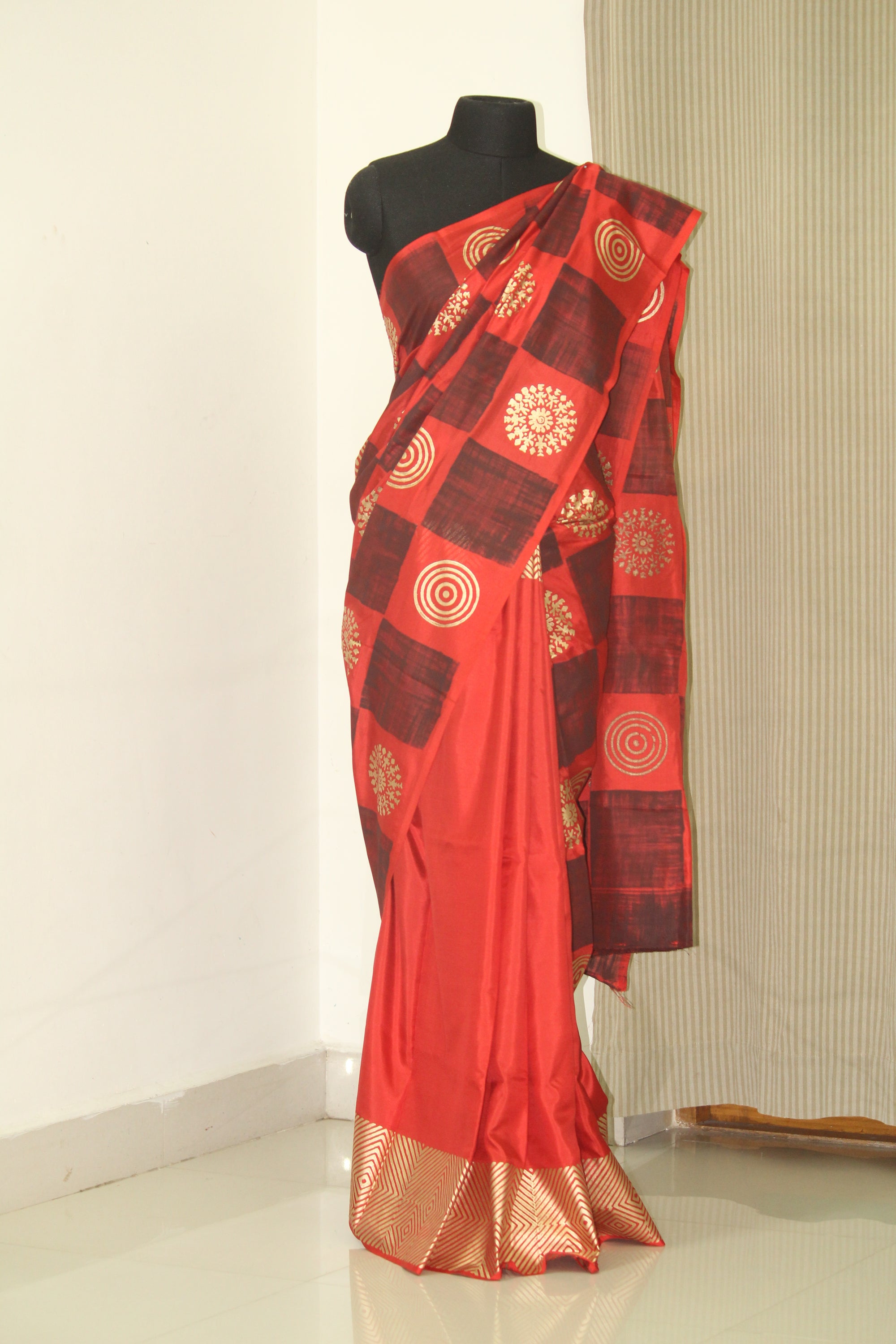 Block printed pure silk saree