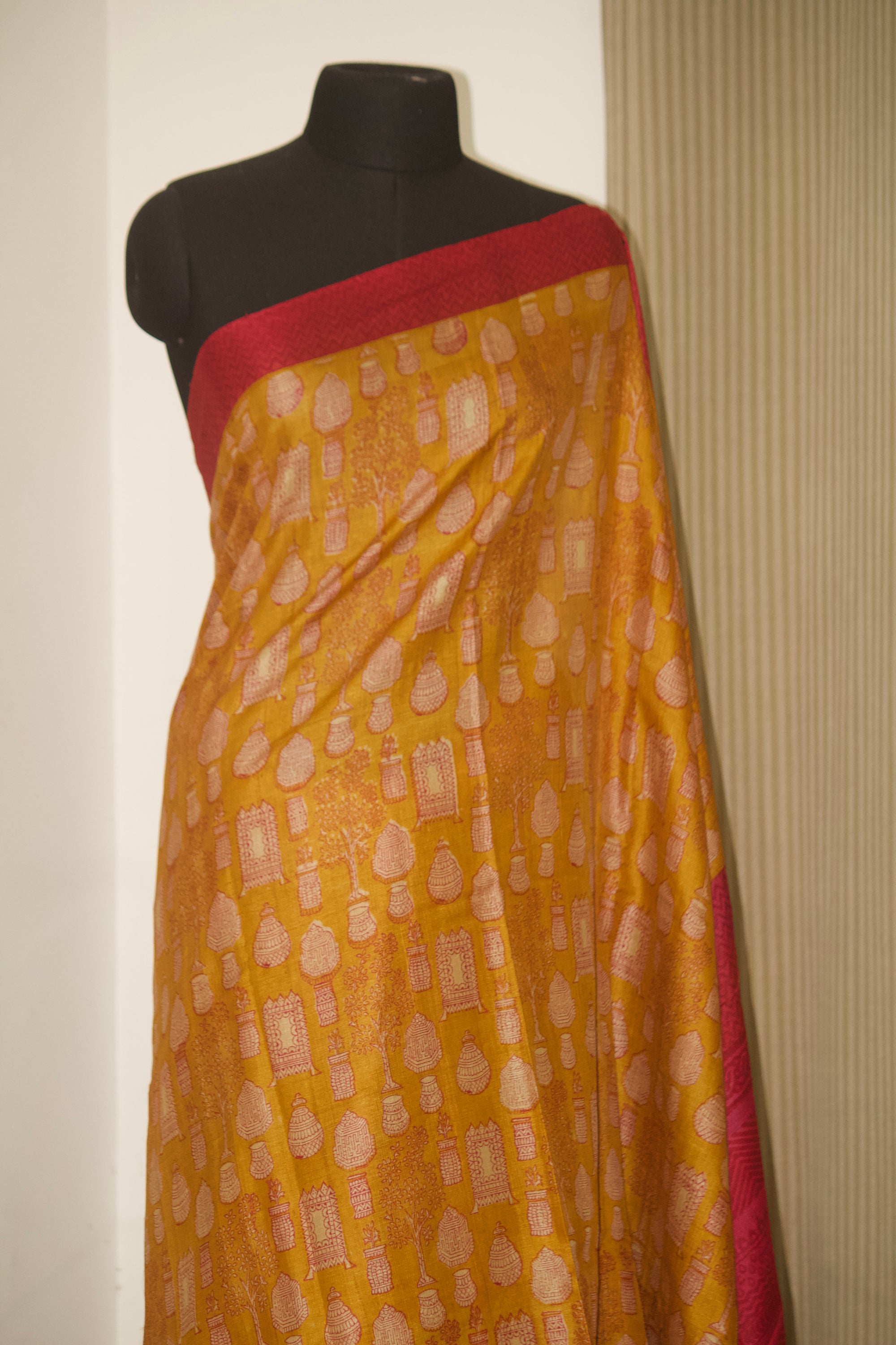 Handloom block printed Pure tussar silk saree