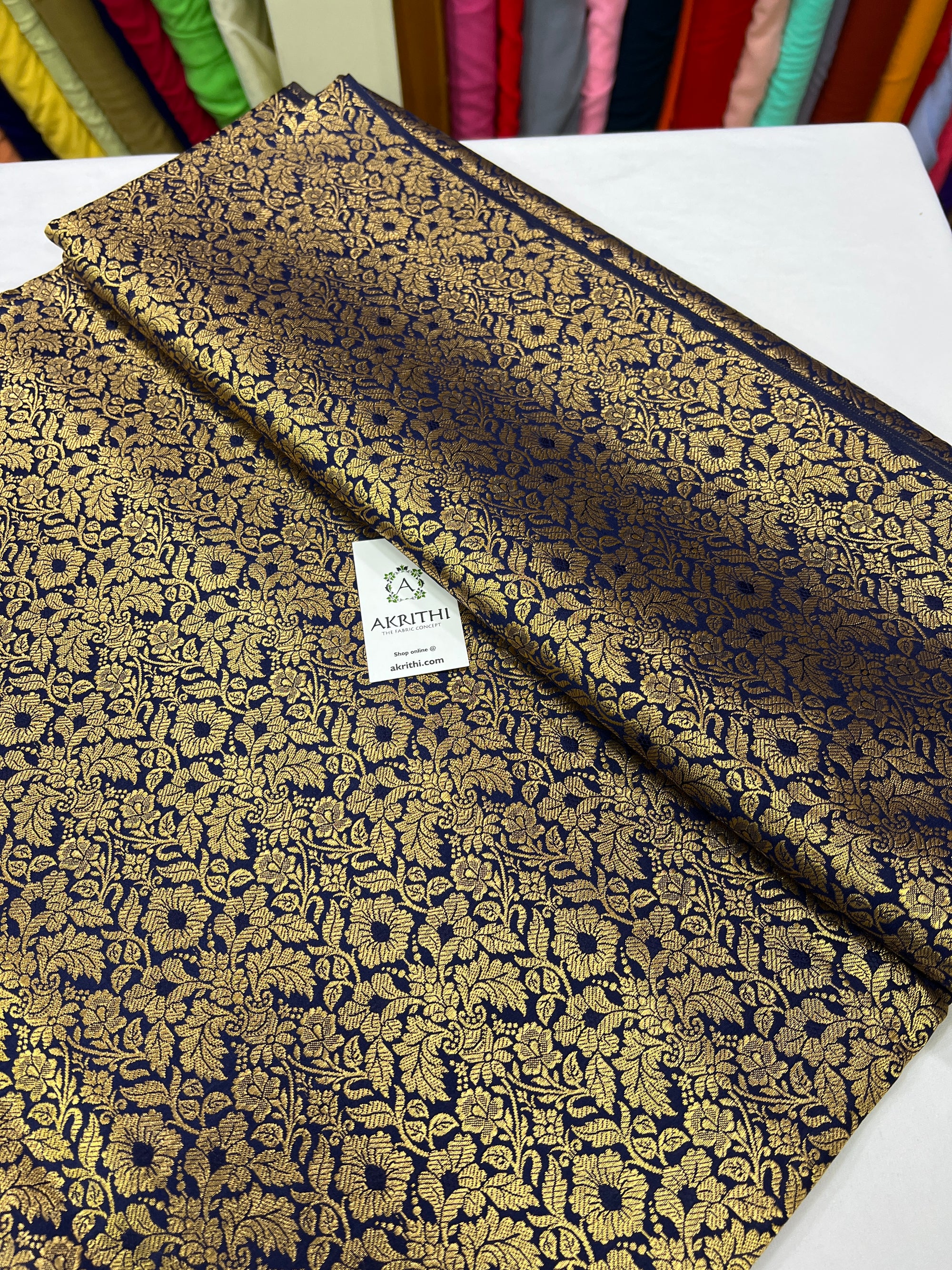 Handloom Banarasi brocade fabric navy blue colour
