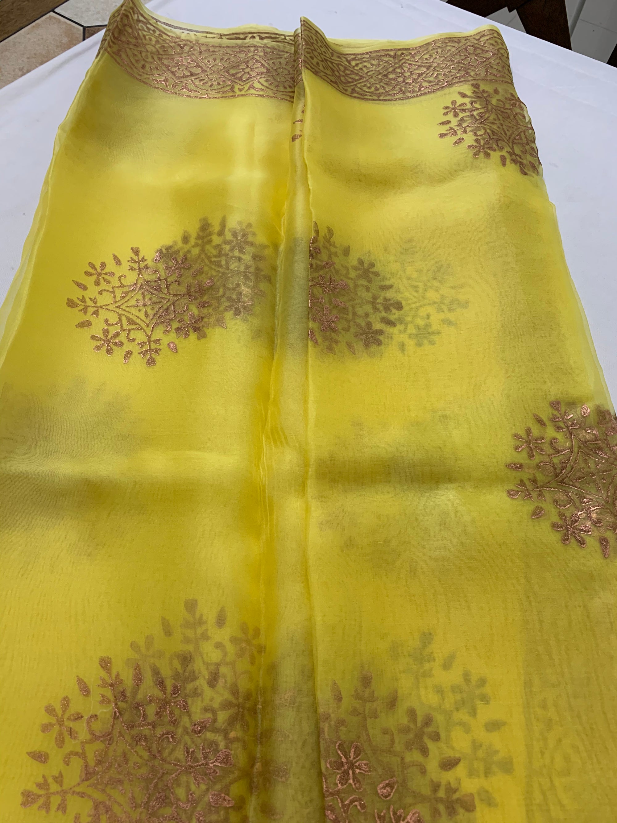 BLOCK PRINTED PURE SILK ORGANZA SAREE