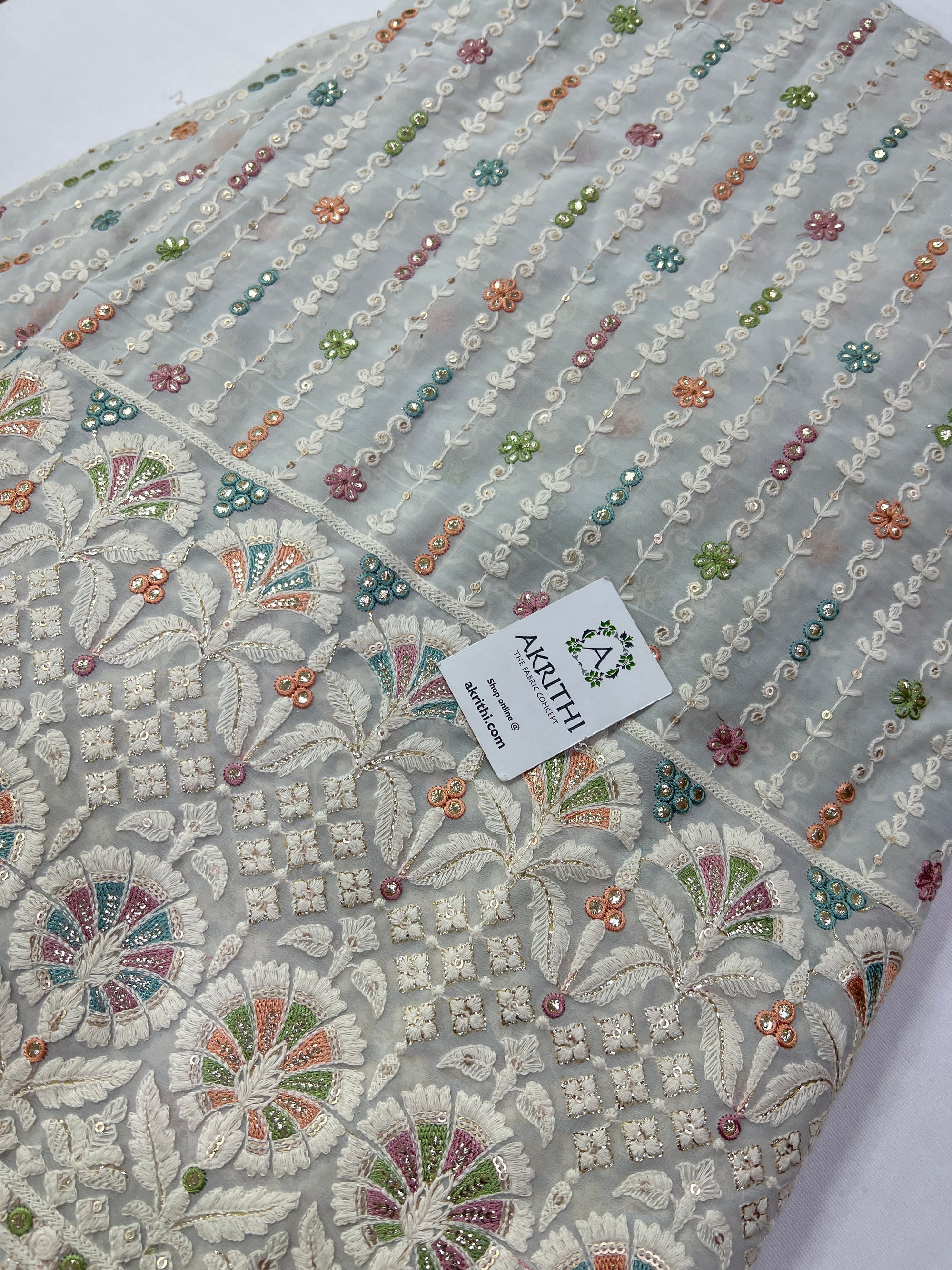 Multi colour Embroidery on light grey Georgette fabric