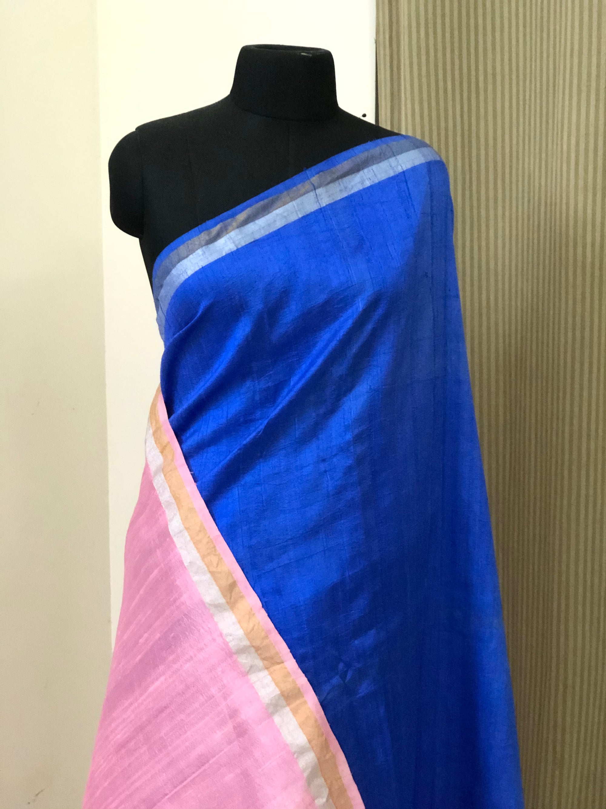 Pure raw silk saree with gold and silver zari border