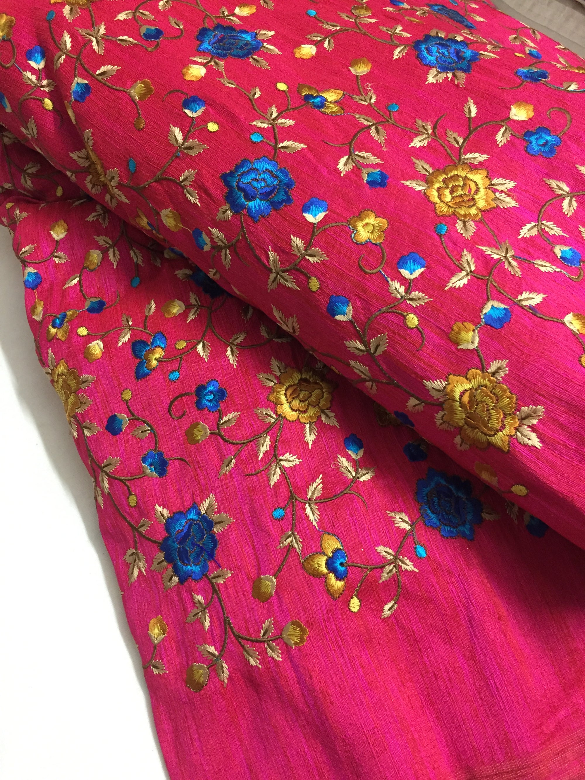 Embroidery on raw silk fabric