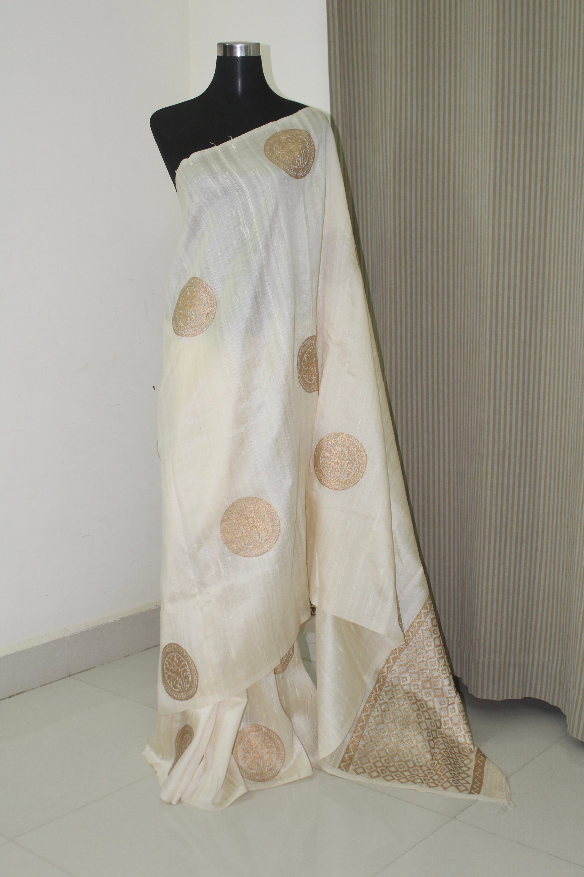 Dupion pure raw silk saree with block print