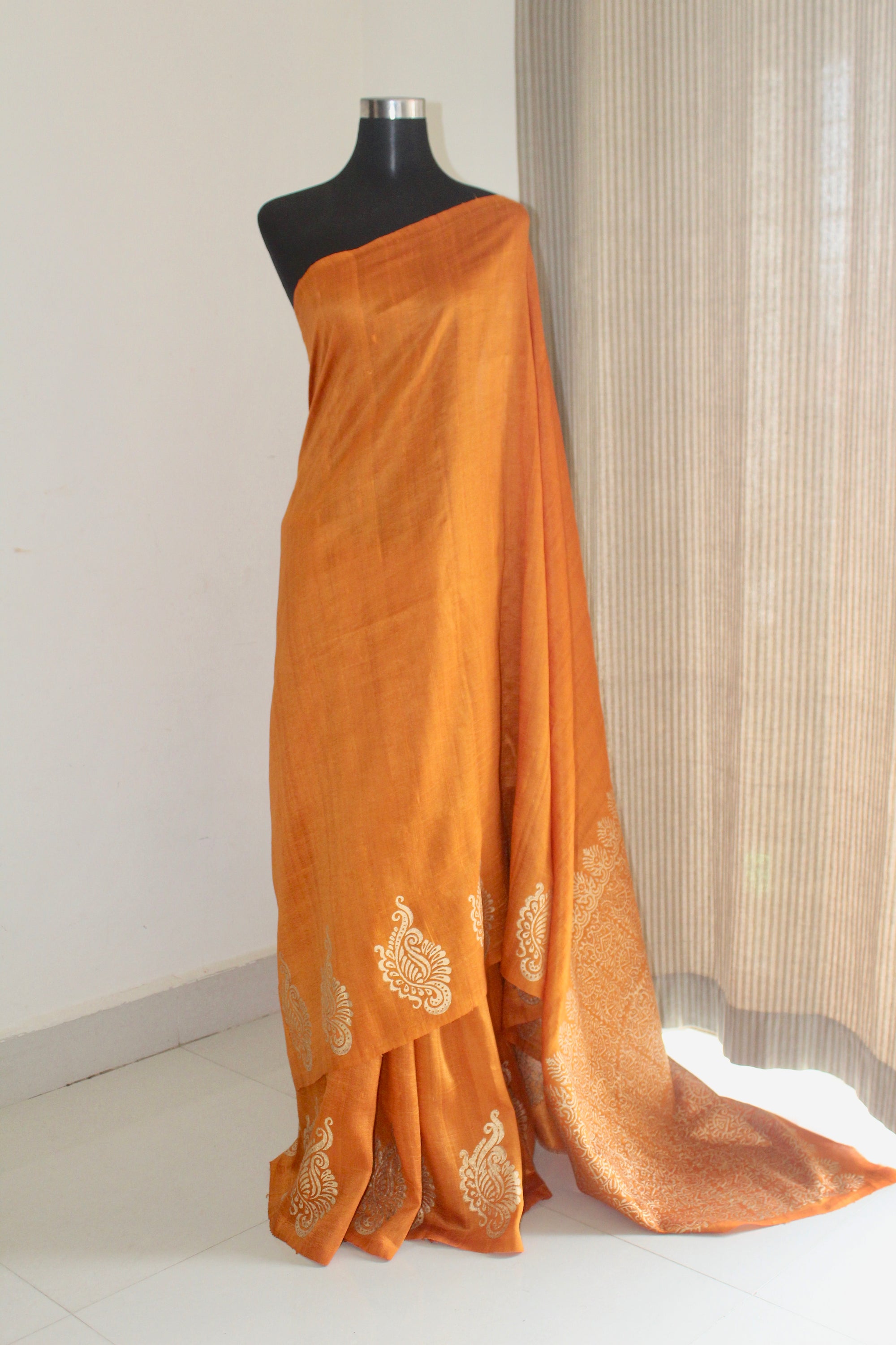 Dupion pure raw silk saree with block print