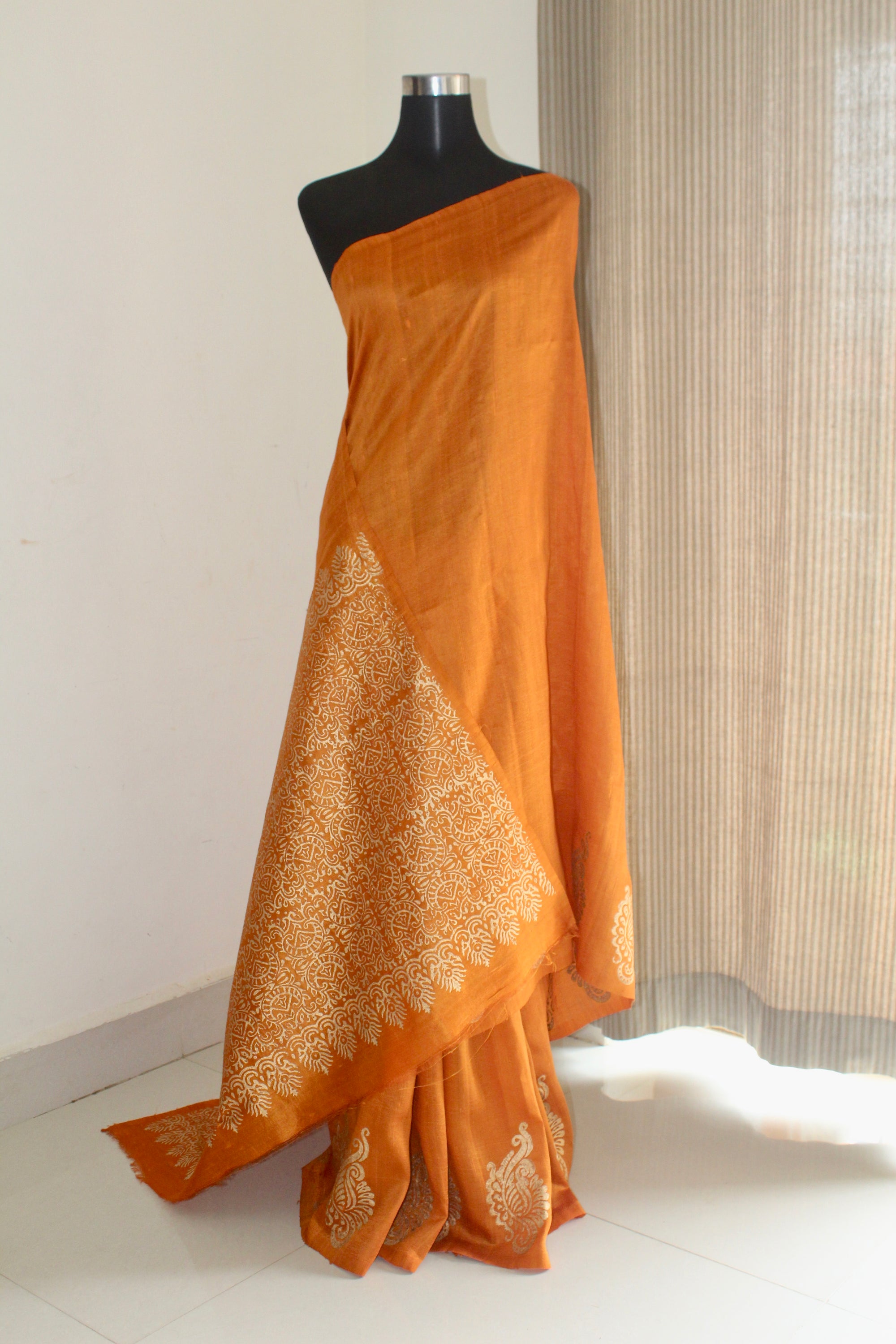 Dupion pure raw silk saree with block print