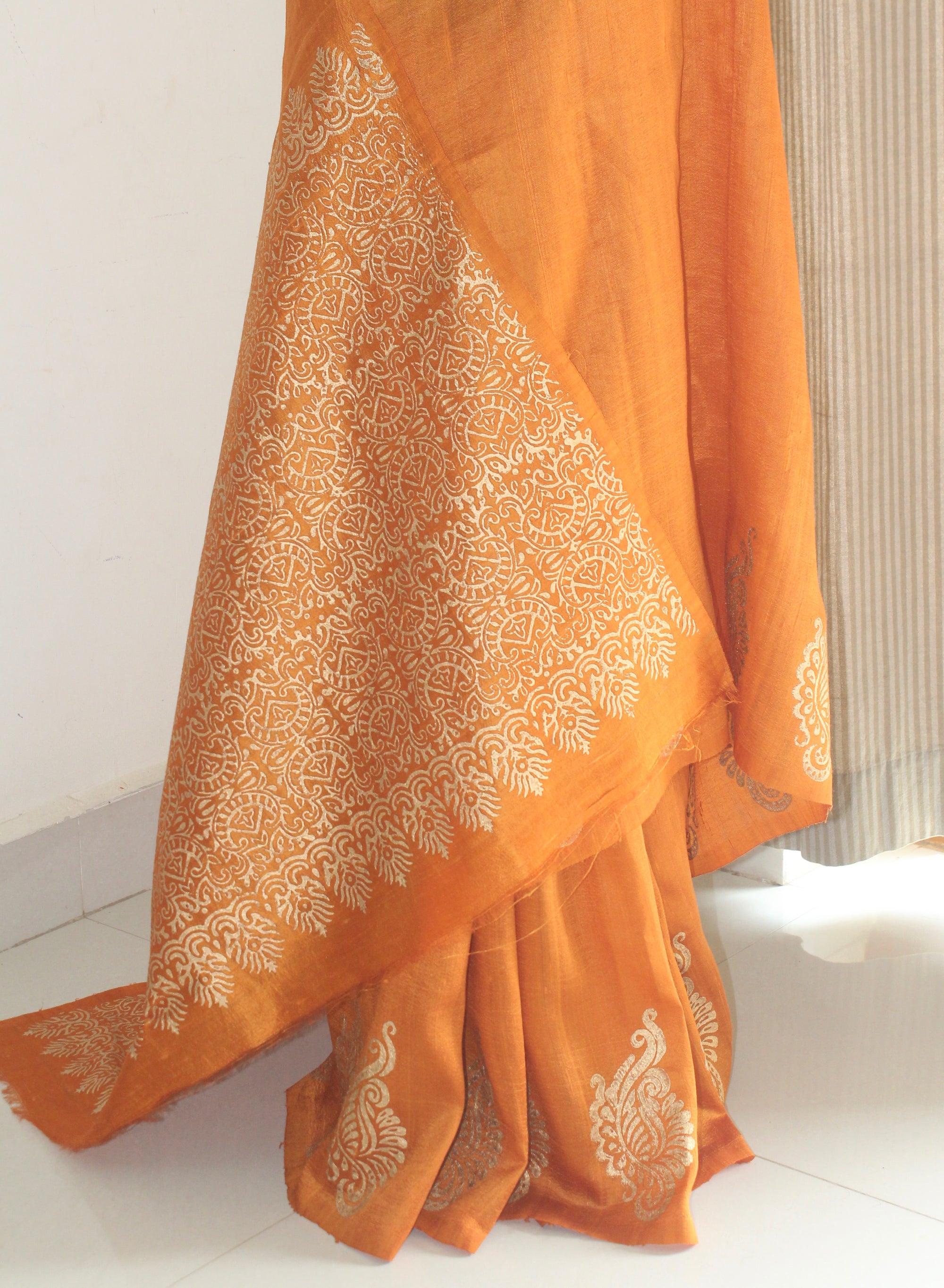 Dupion pure raw silk saree with block print