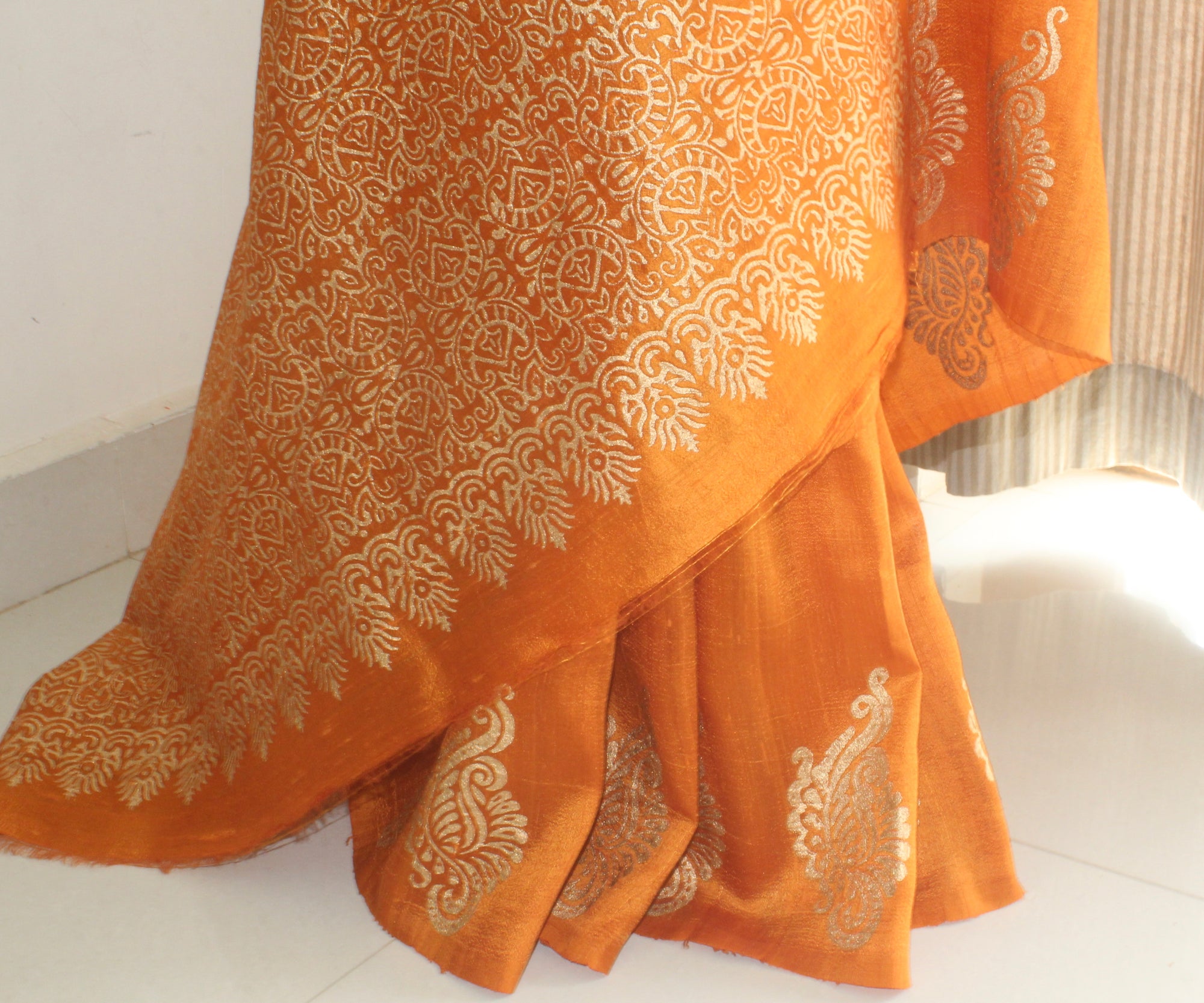 Dupion pure raw silk saree with block print