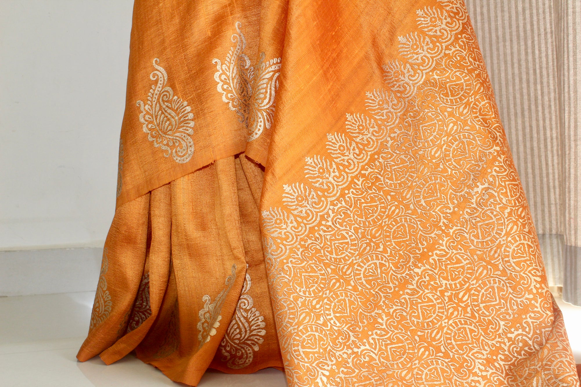 Dupion pure raw silk saree with block print