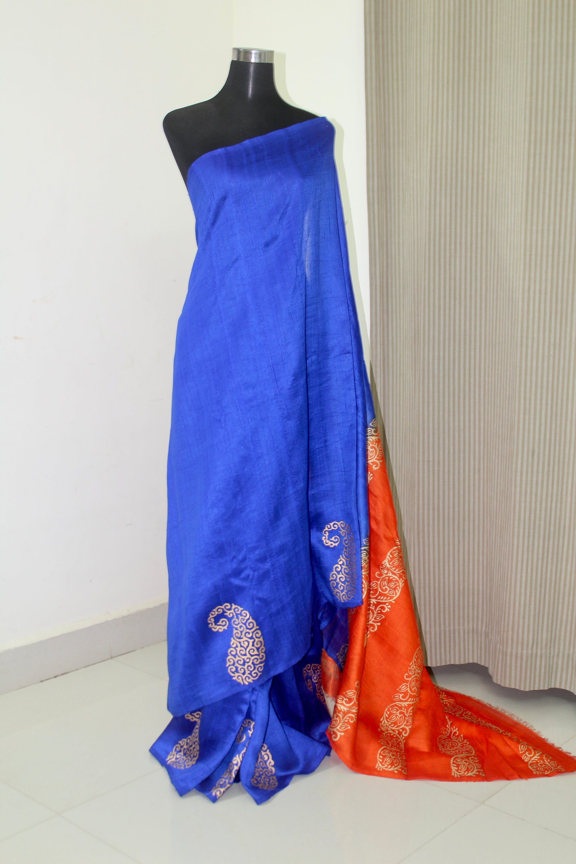 Dupion pure raw silk saree with block print