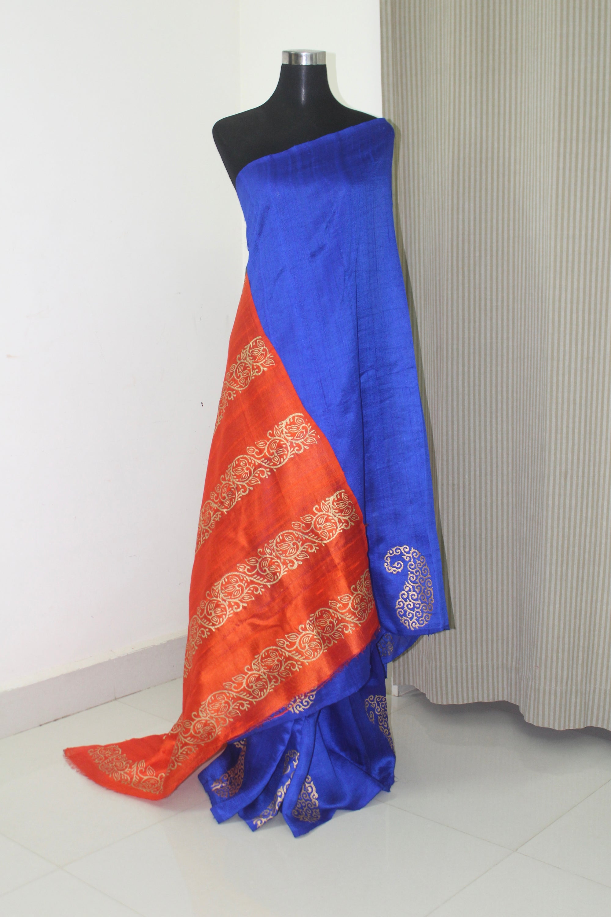 Dupion pure raw silk saree with block print