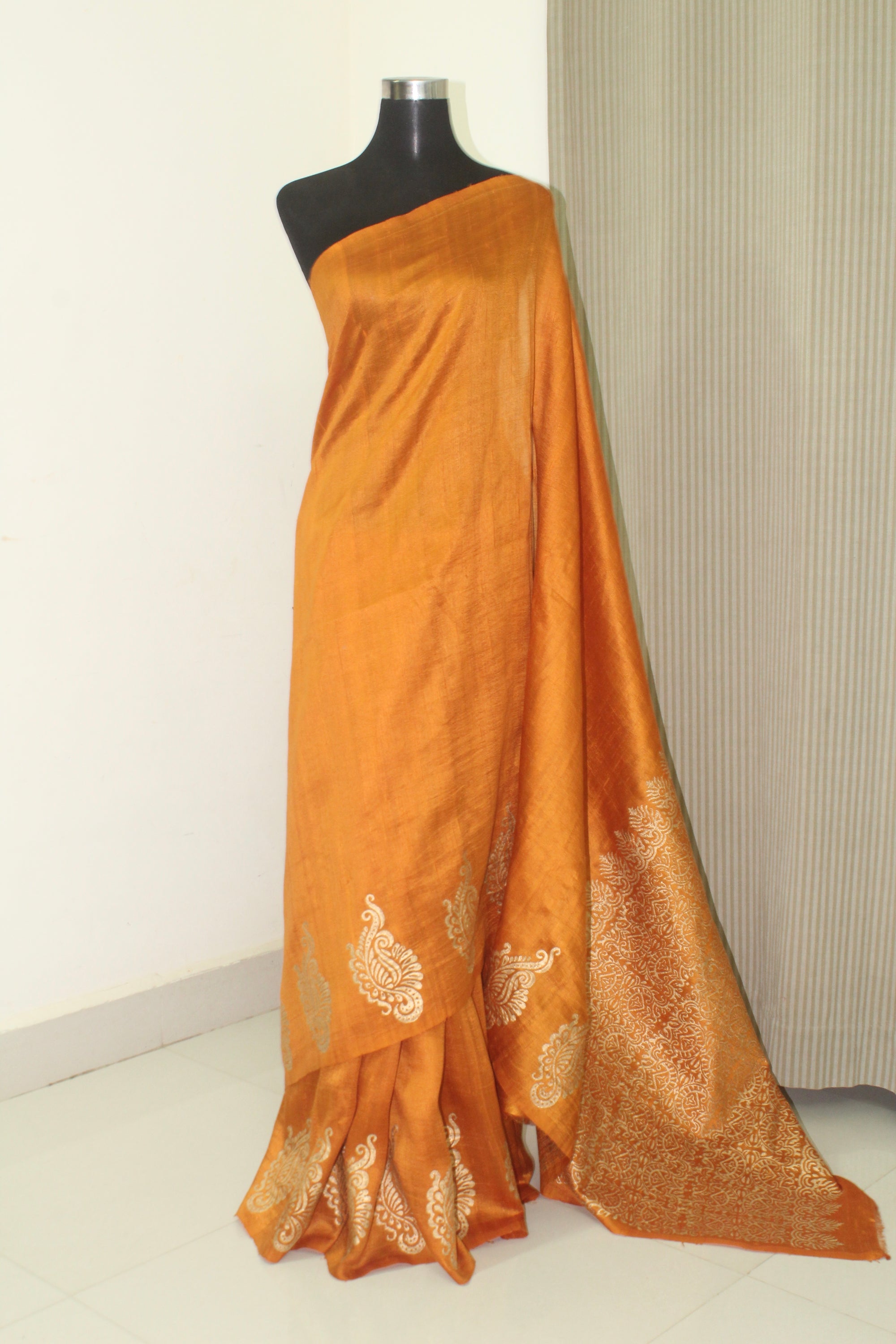 Dupion pure raw silk saree with block print