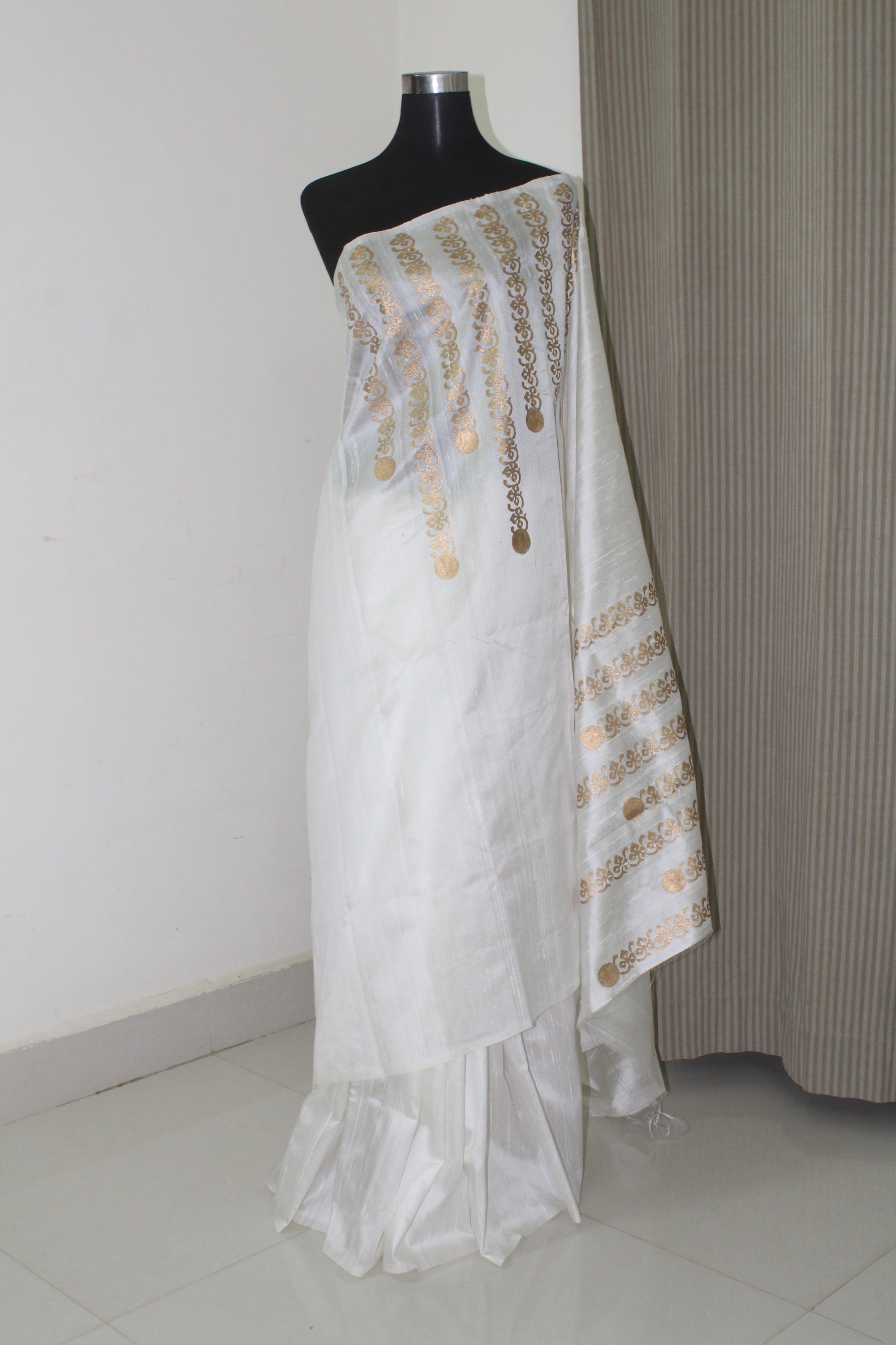 Dupion pure raw silk saree with block print