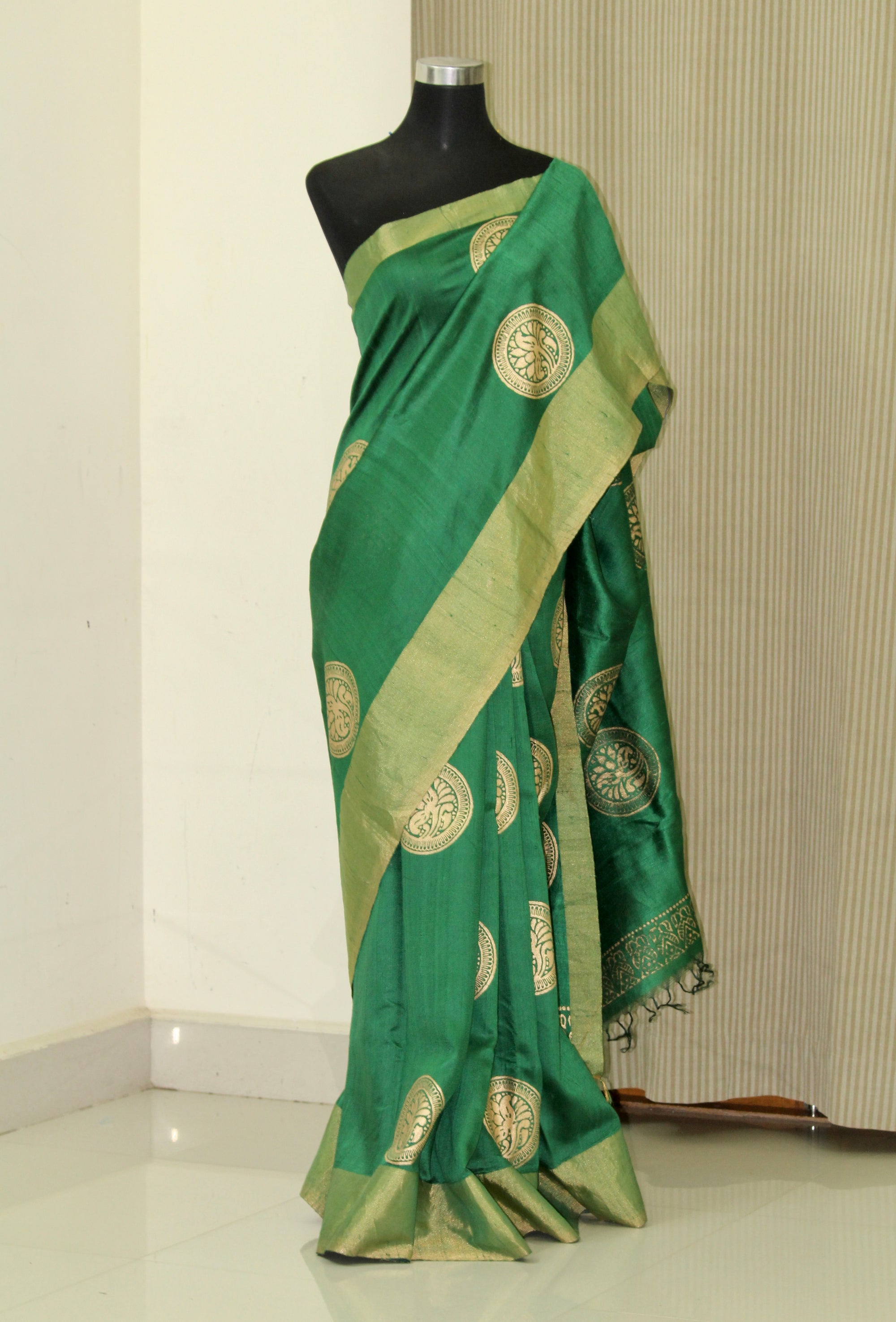 Dupion pure raw silk saree with block print