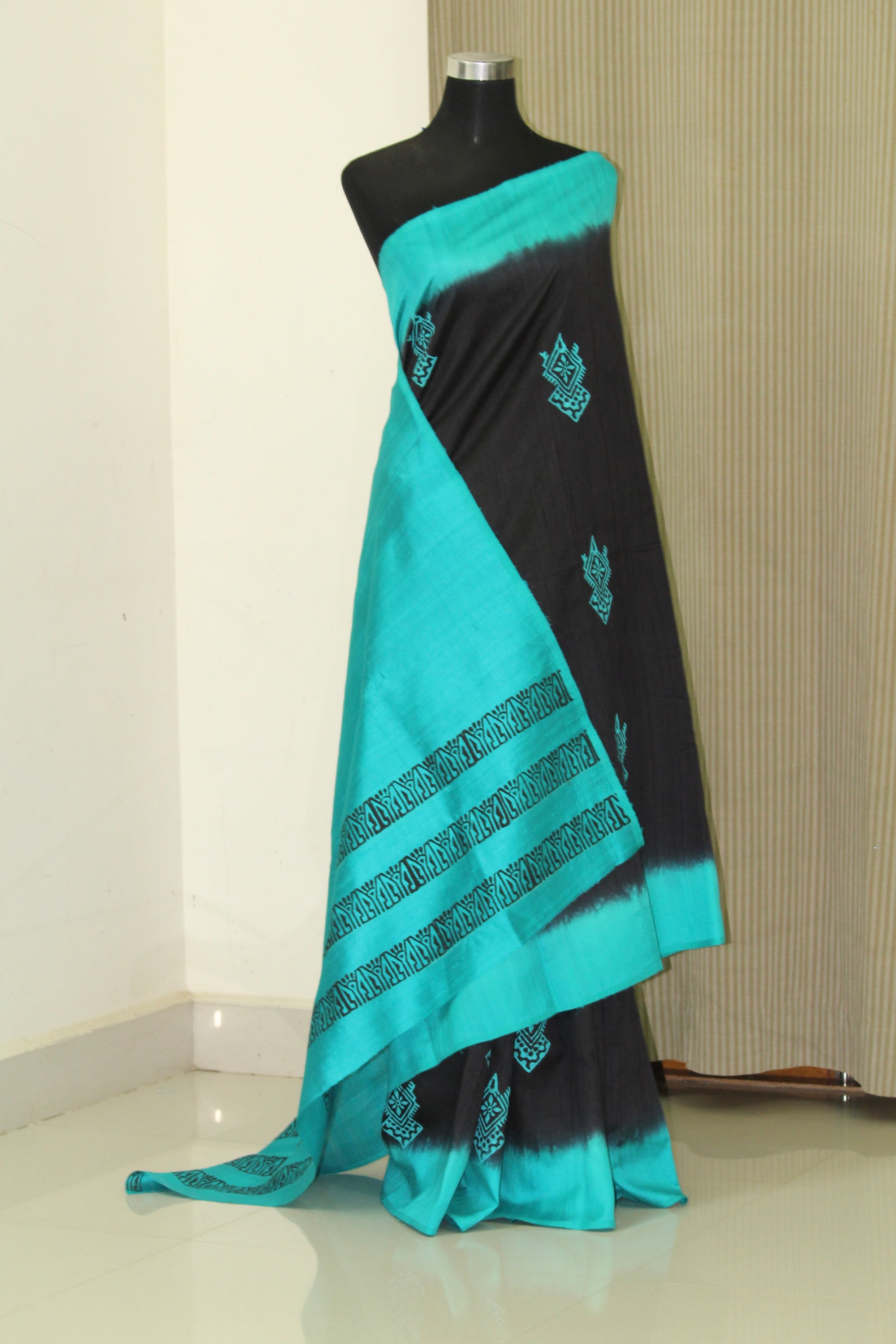 Dupion pure raw silk saree with block print
