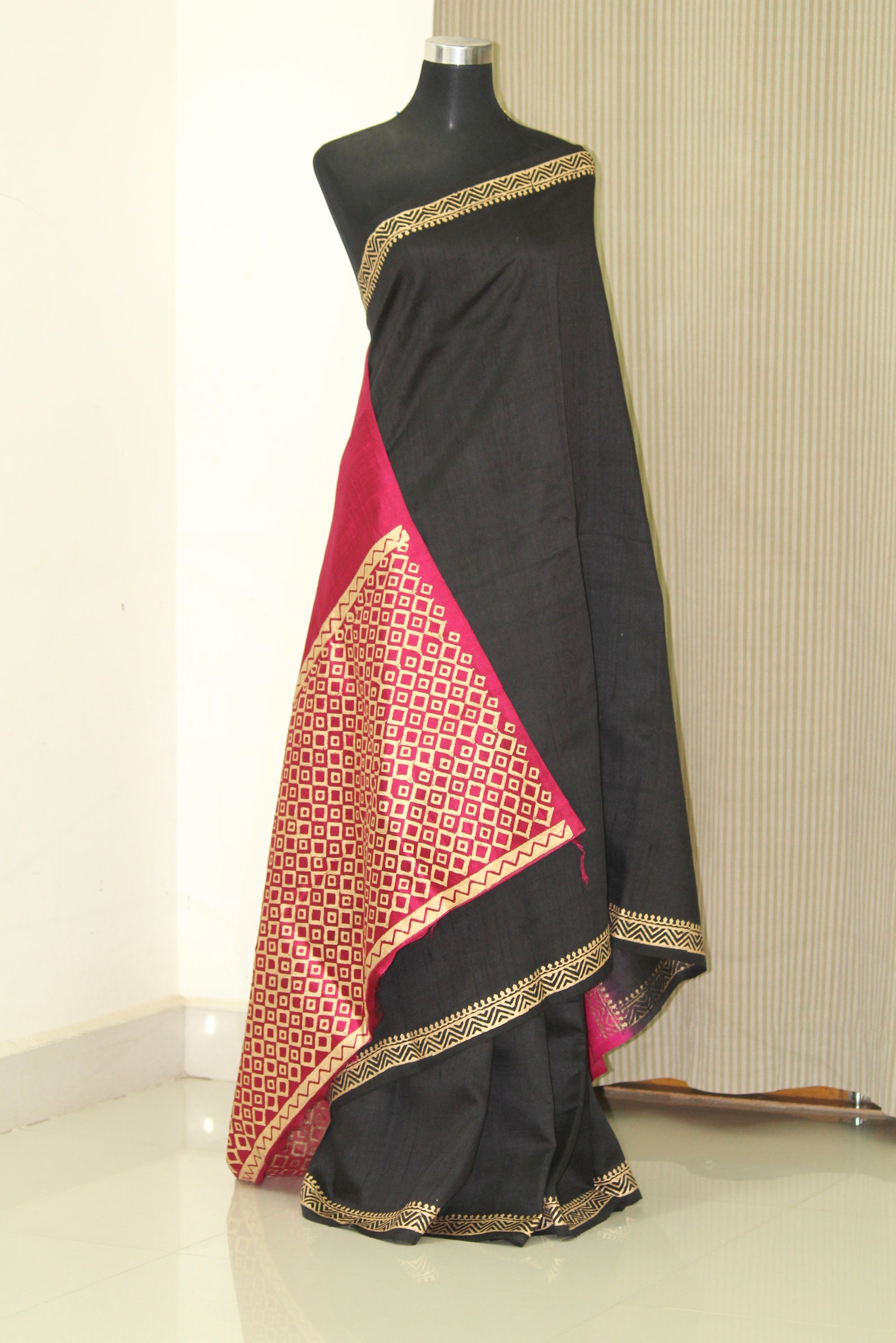 Dupion pure raw silk saree with block print