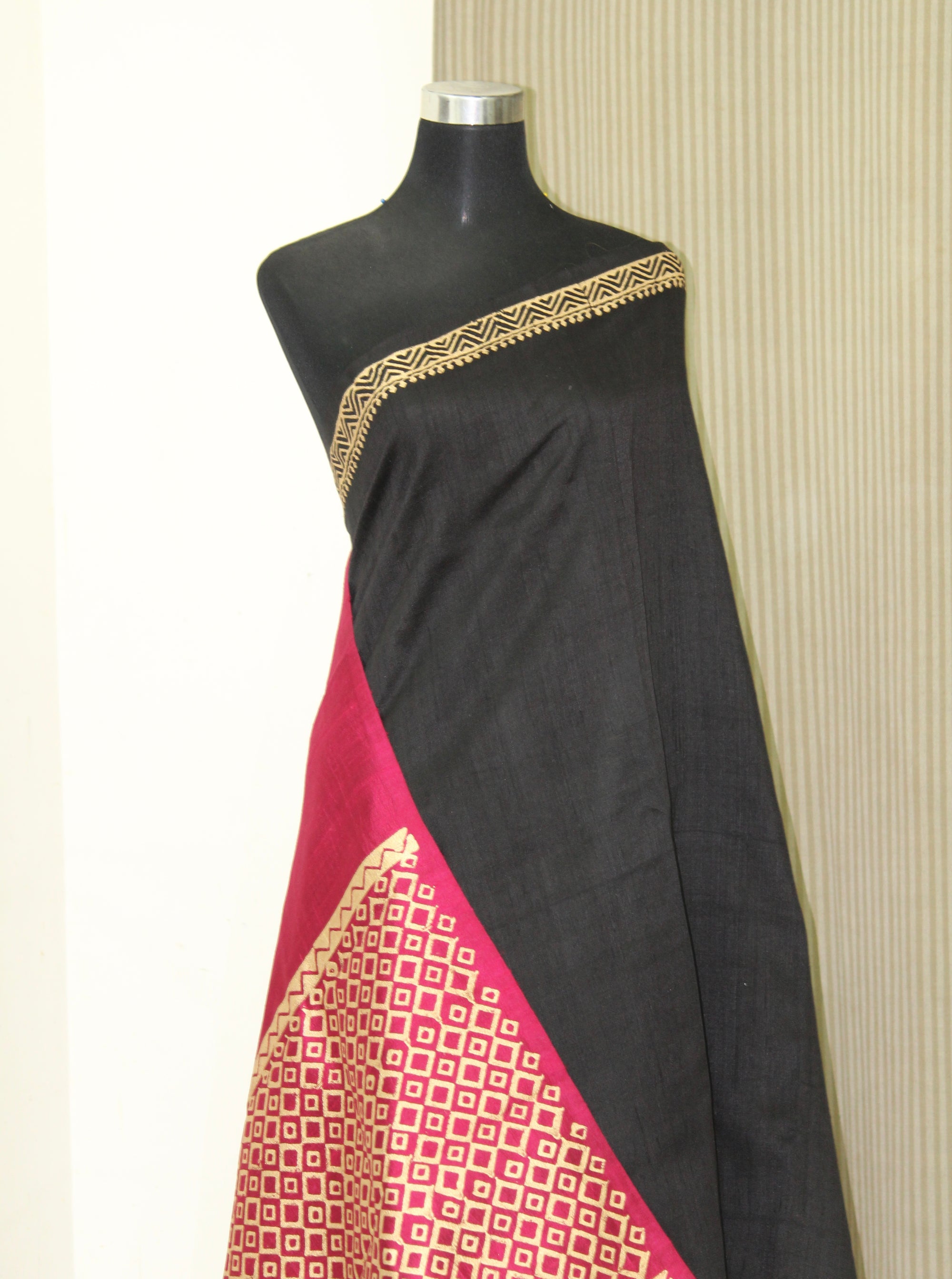 Dupion pure raw silk saree with block print
