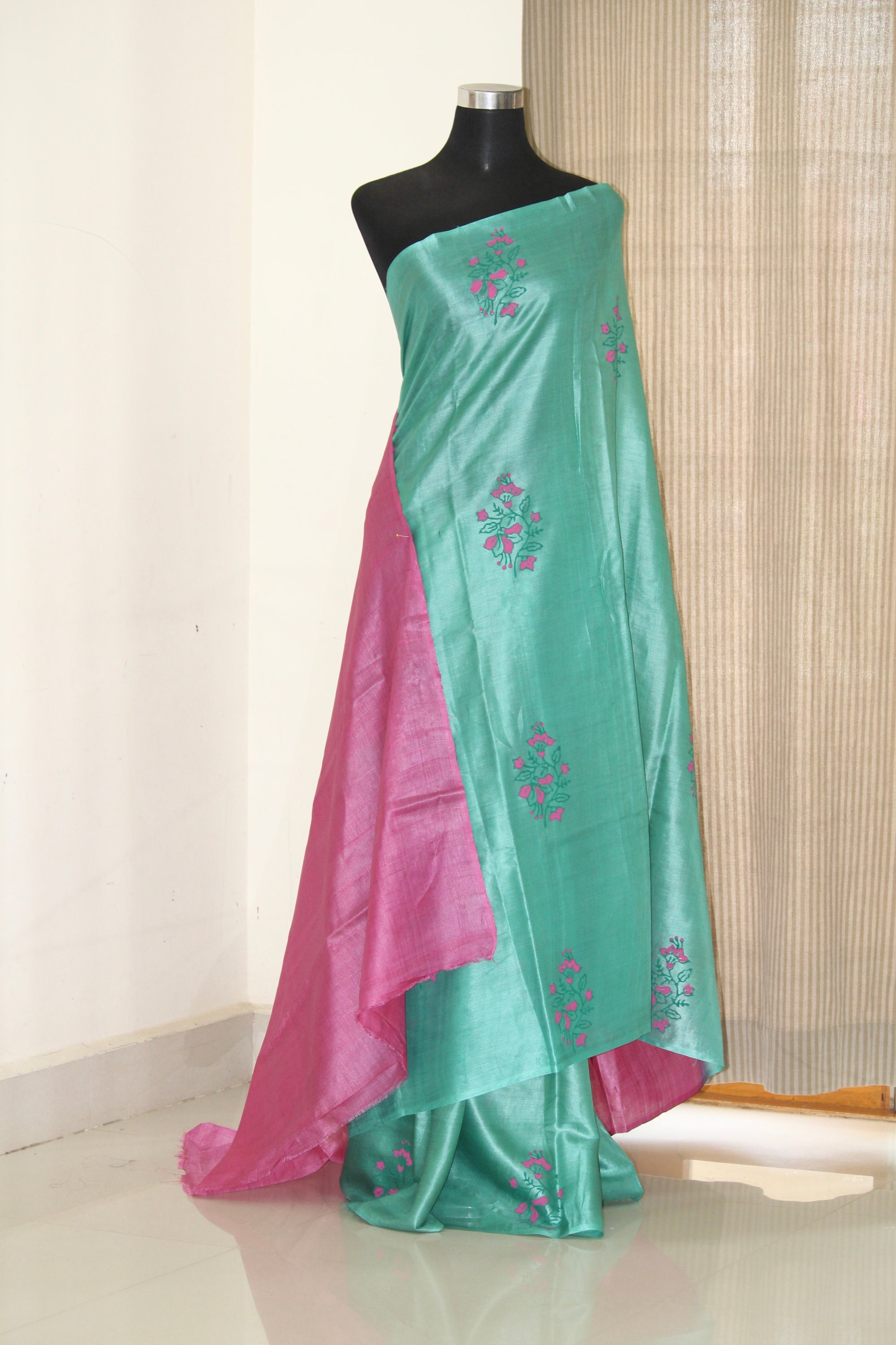 Pure Tussar silk saree with block print