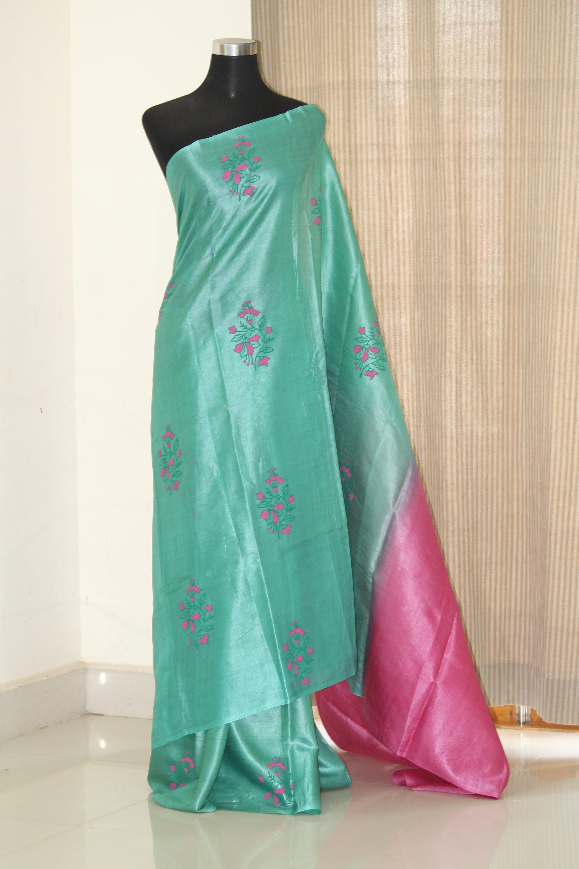 Pure Tussar silk saree with block print