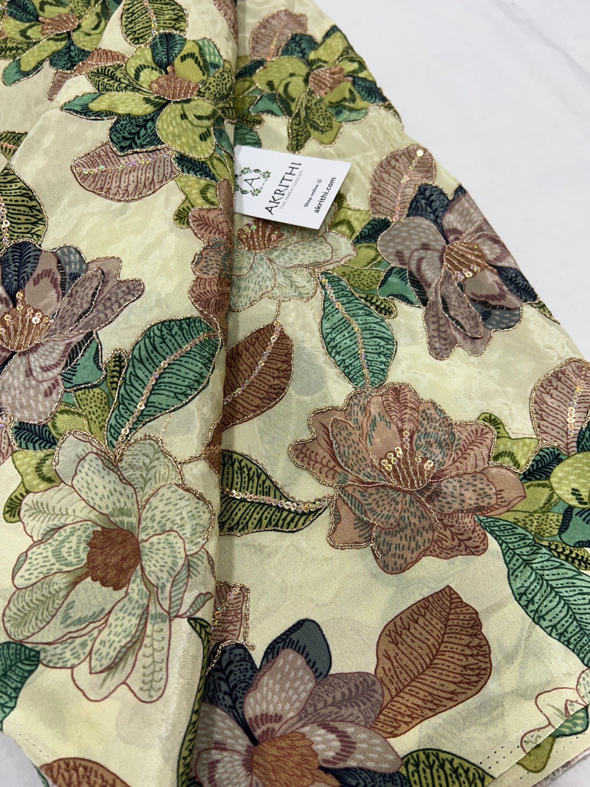 Digital floral printed pure crepe fabric with embroidery