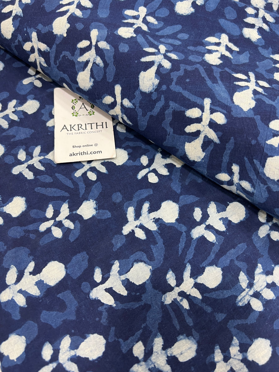 Indigo hand block printed pure cotton fabric