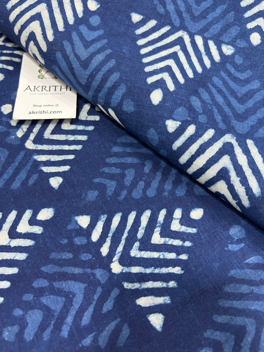 Indigo hand block printed pure cotton fabric