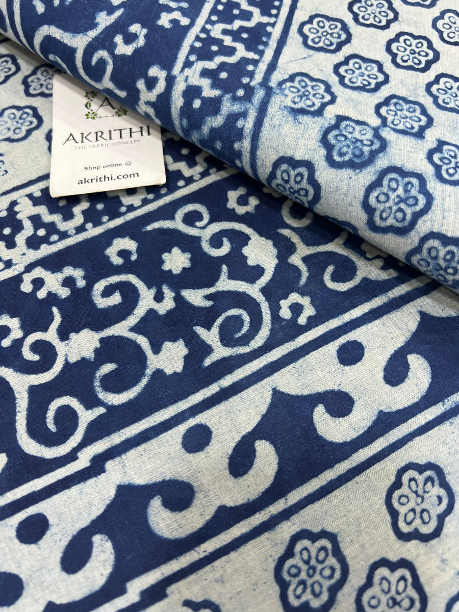 Indigo hand block printed pure cotton fabric