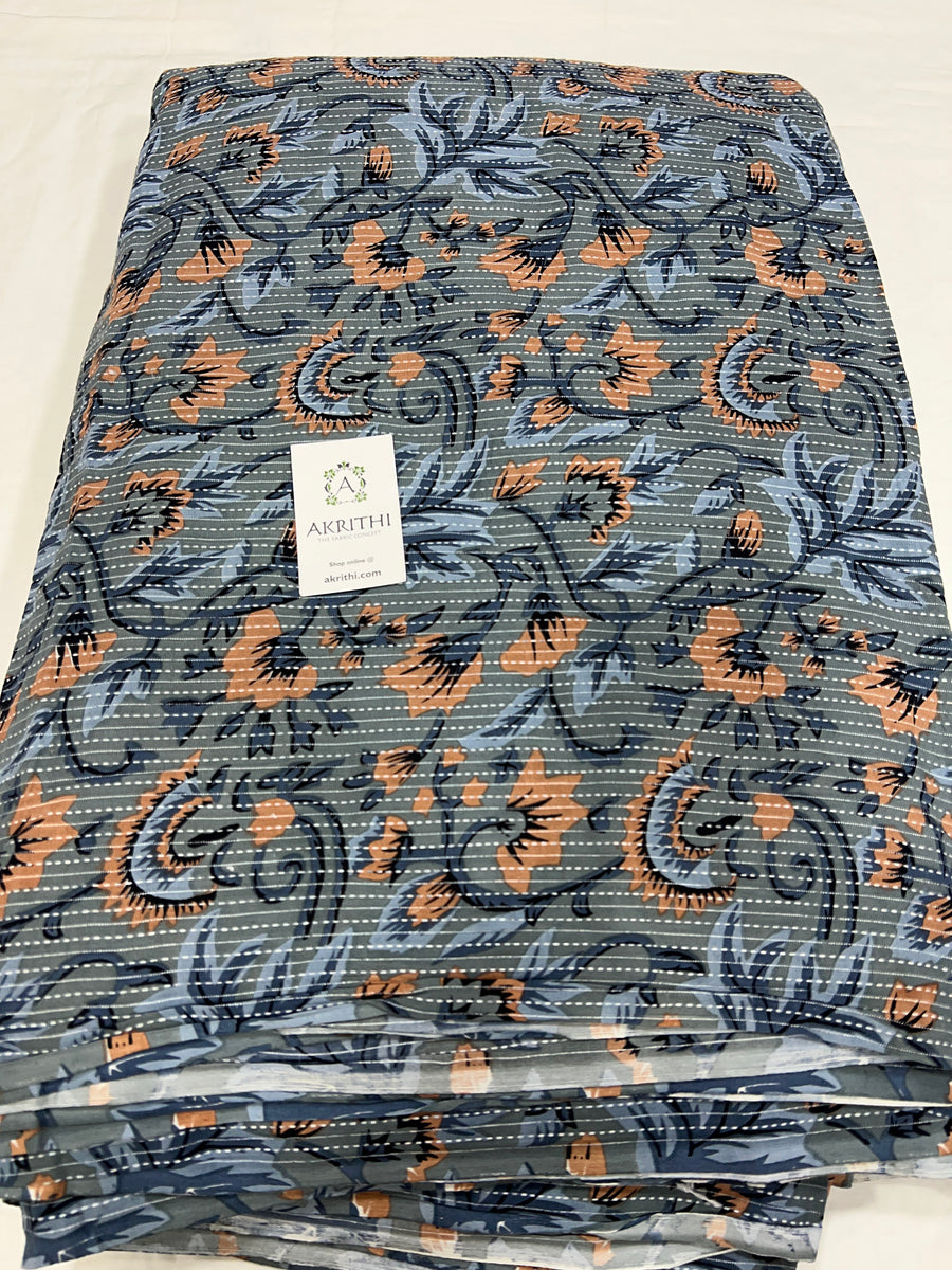 Dark grey Kantha Printed pure cotton fabric