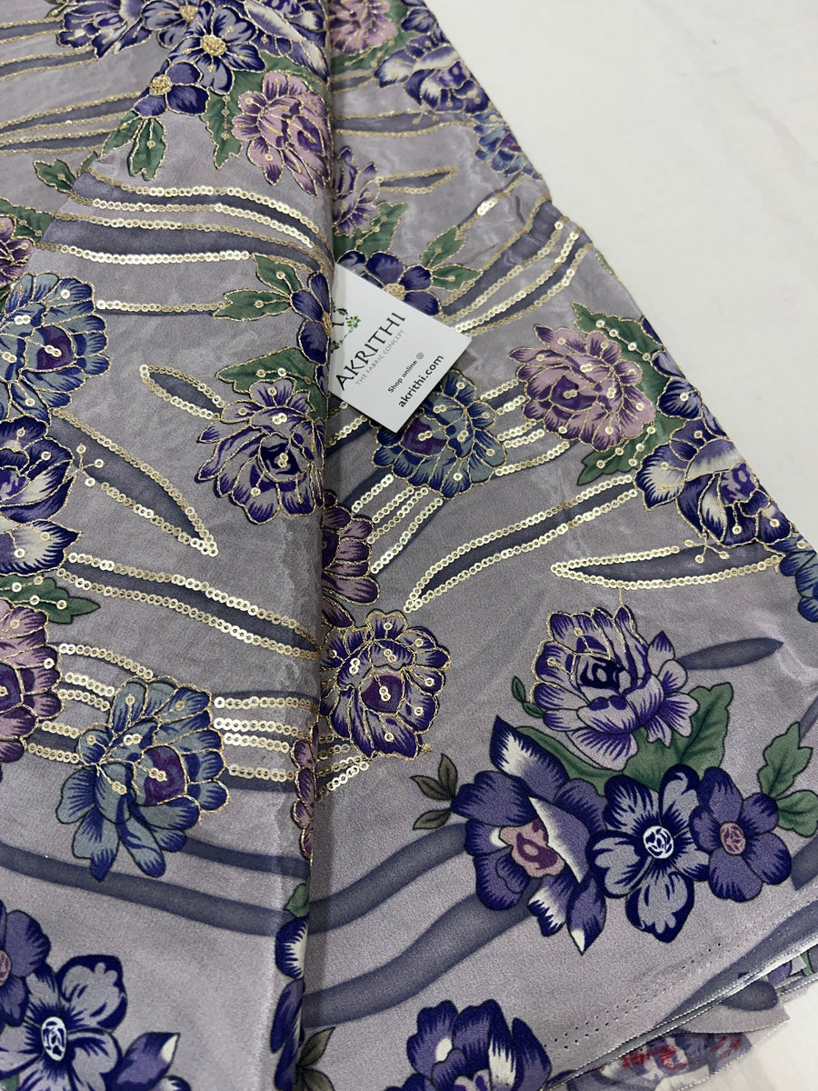 Digital floral printed pure crepe fabric with embroidery