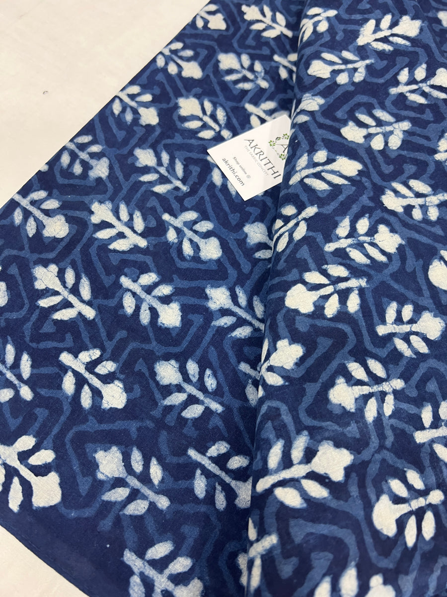 Indigo hand block printed pure cotton fabric