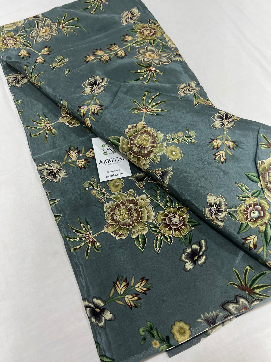 Digital floral printed pure crepe fabric with embroidery